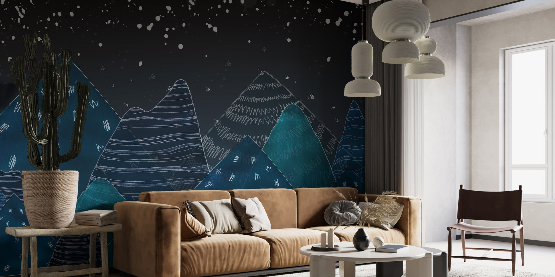 Kids wall mural with deep night hills