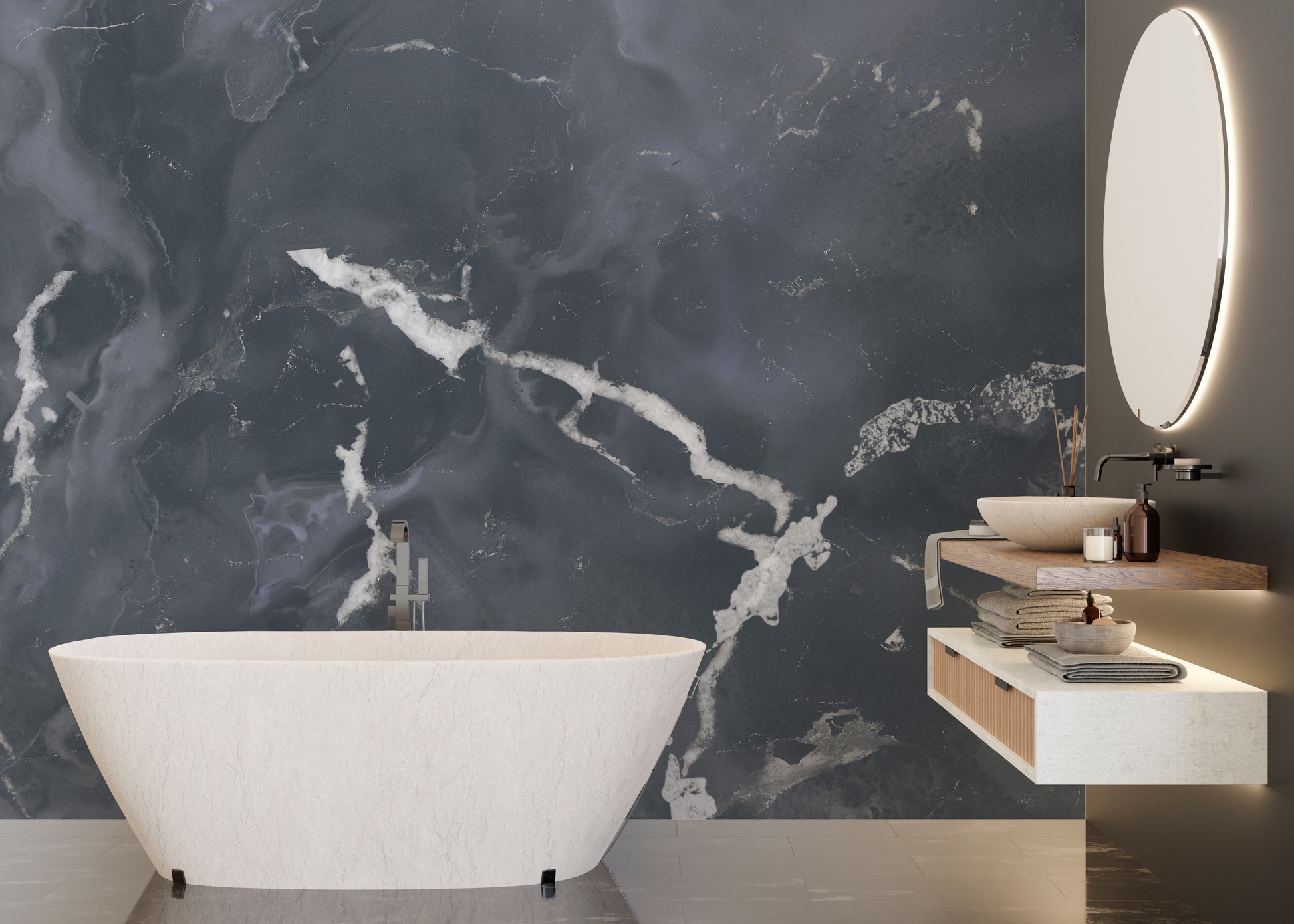 Midnight gray terrazzo marble effect wallpaper mural