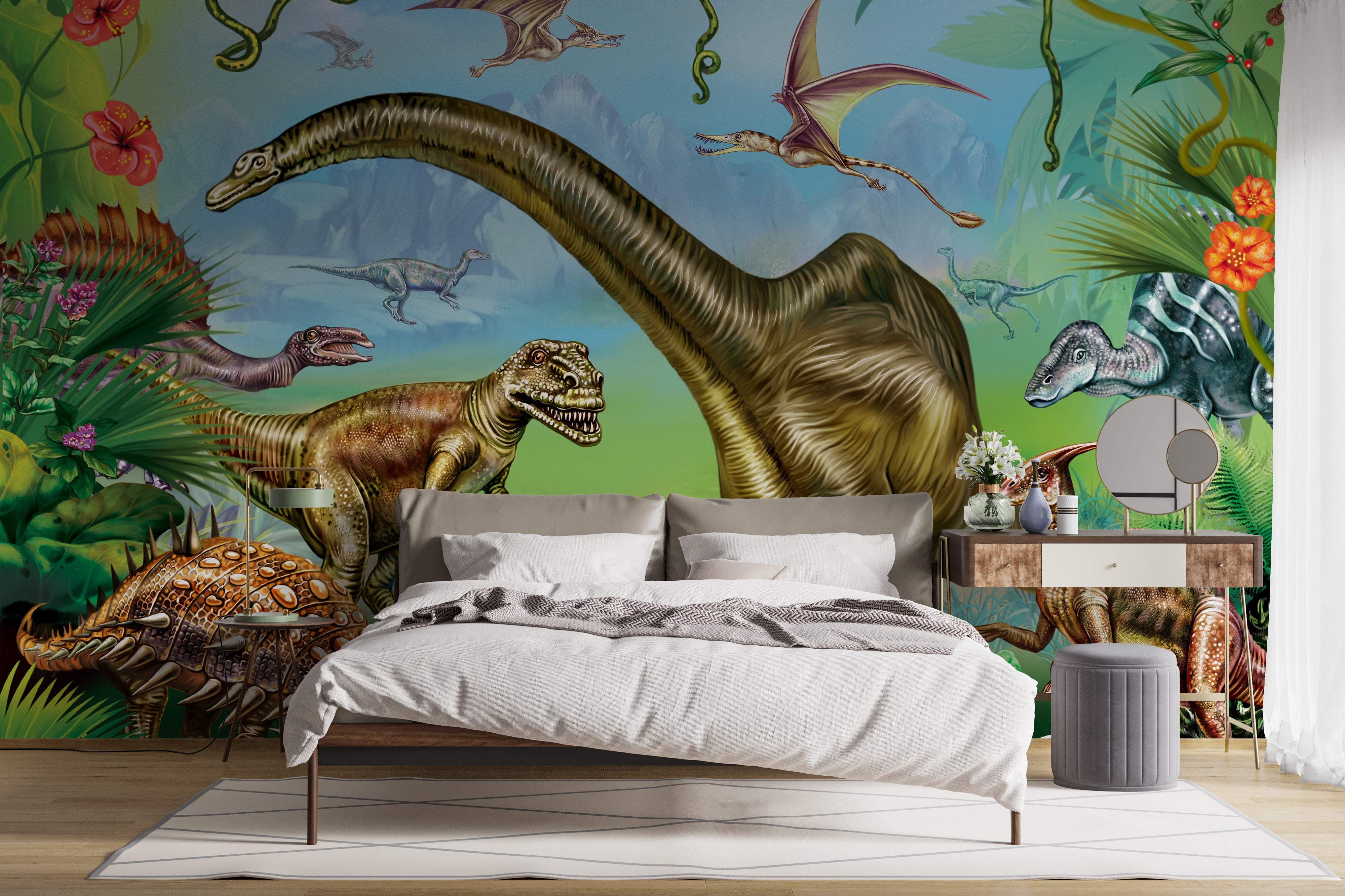 Vibrant colored dinosaur world wallpaper design