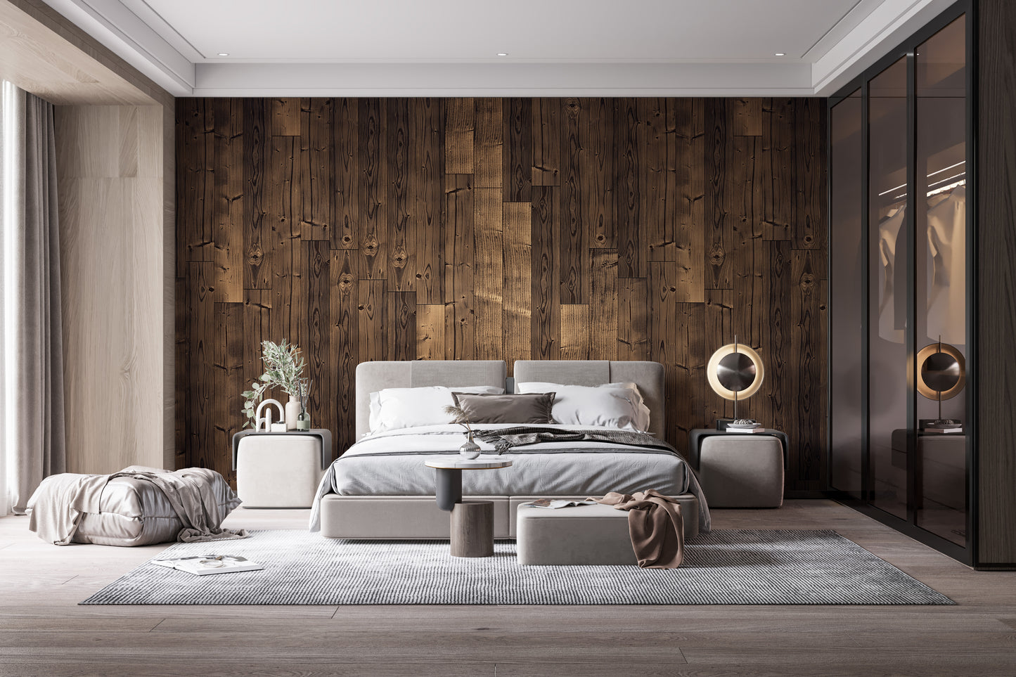 Dark brown oak wood wallpaper for interiors