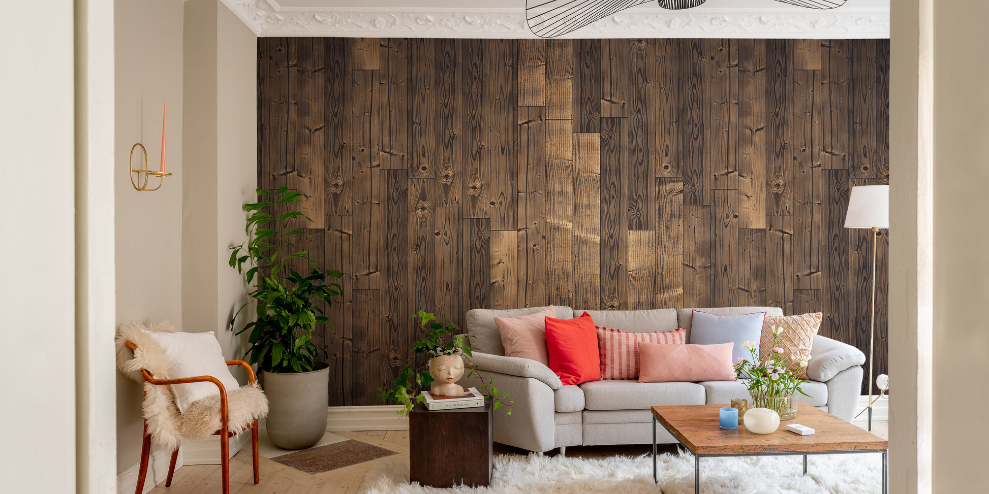 Elegant solid dark brown oak wood wallpaper