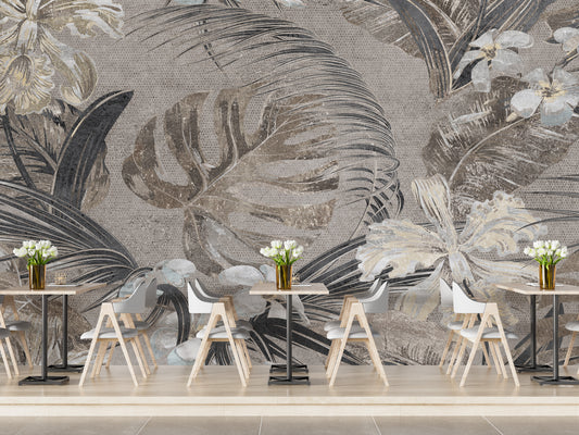 Delica Sepia Flower and leaves Wallpaper Mural