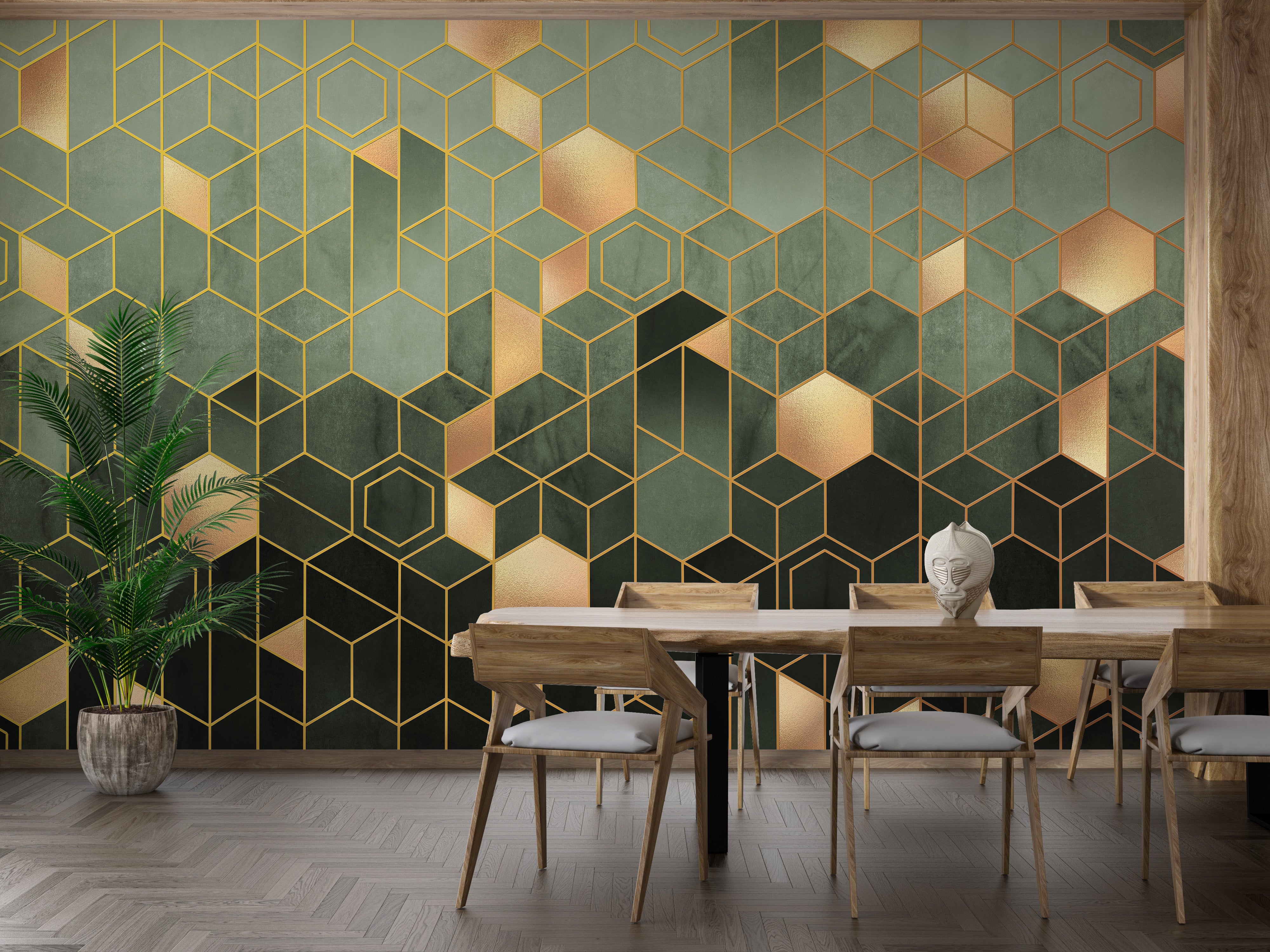 Geometric hexagonal green wallpaper mural for walls