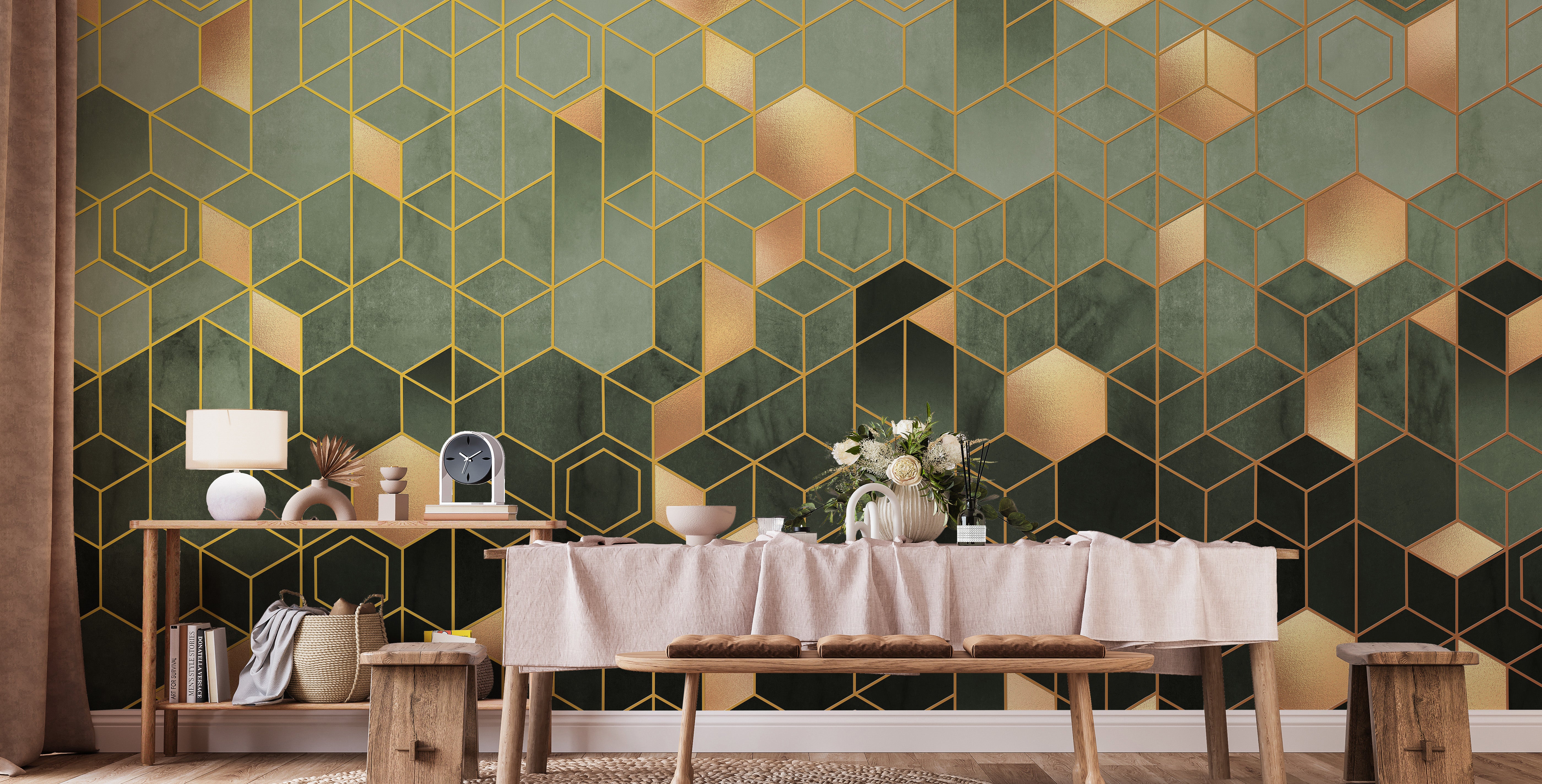 Modern green geometric hexagonal wallpaper mural