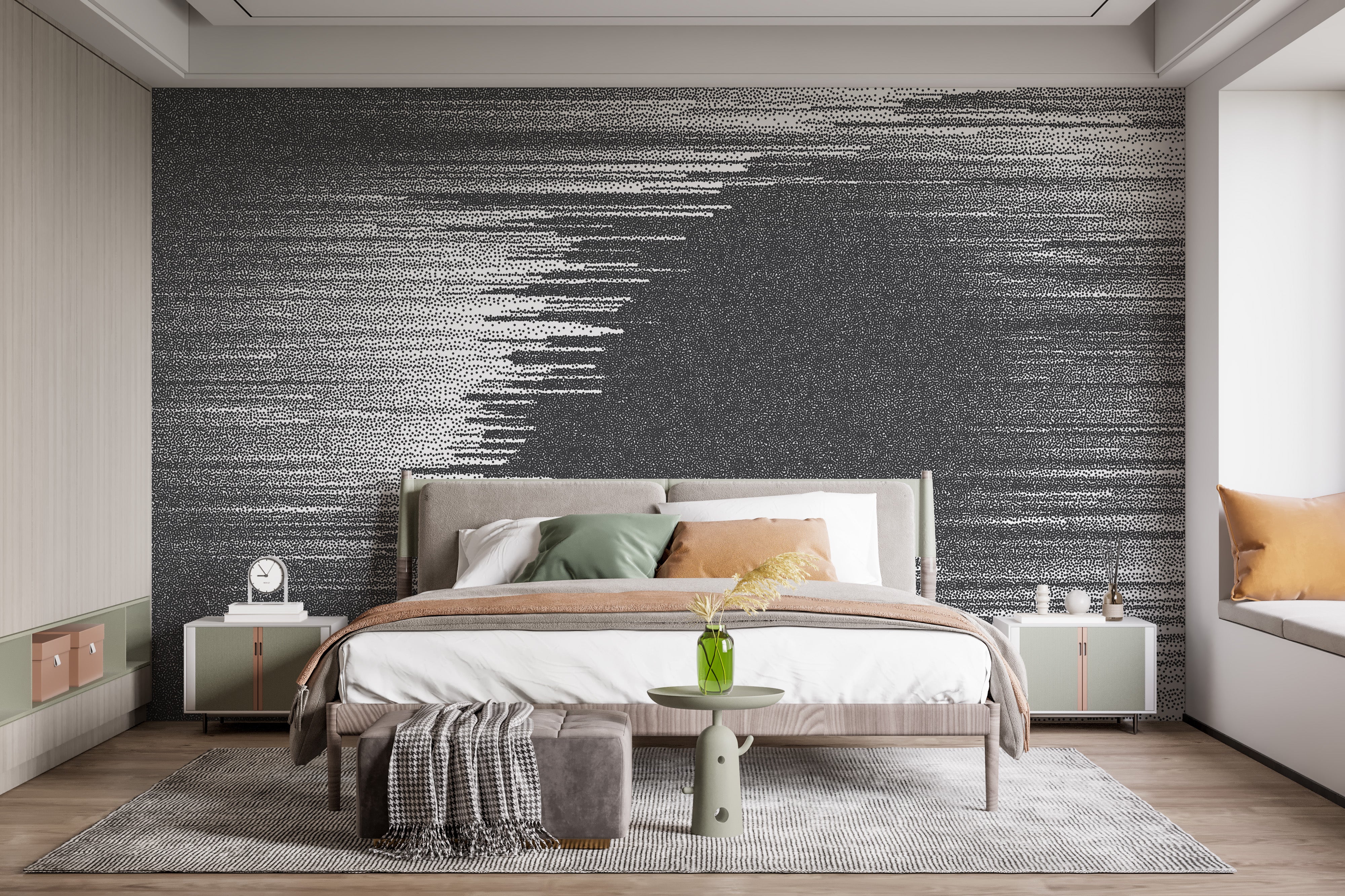 Black and white glitch abstract mural for rooms