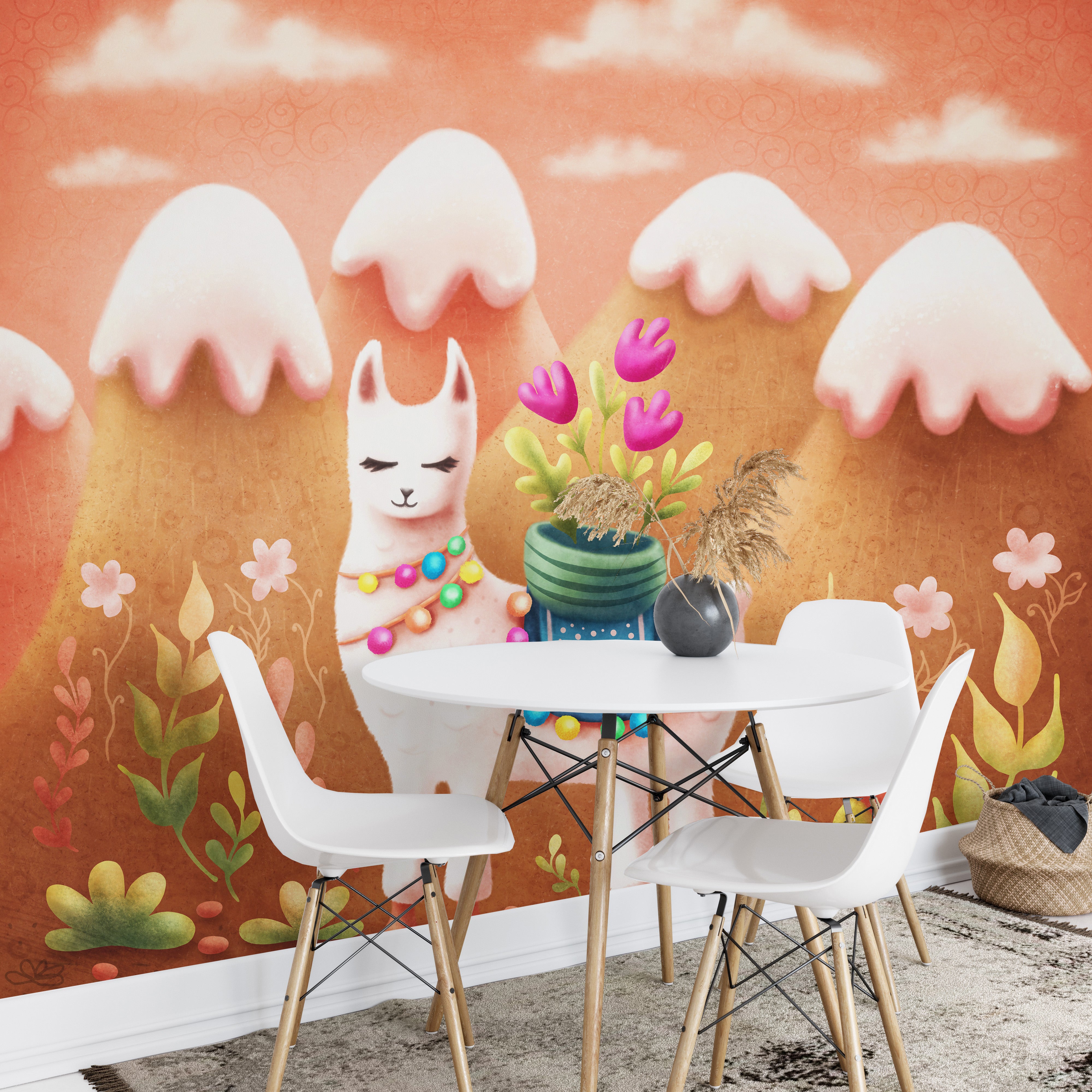 Wander-inspired lama mural in soft tones
