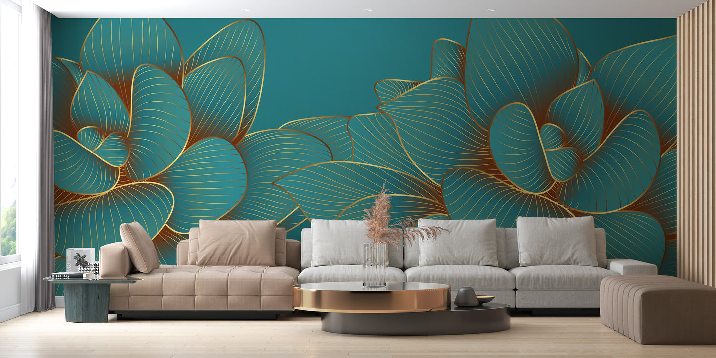 Gold Emerald Lotus Floral Wallpaper Mural