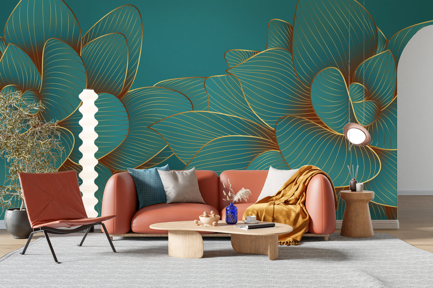 Gold Emerald Lotus Floral Wallpaper Mural