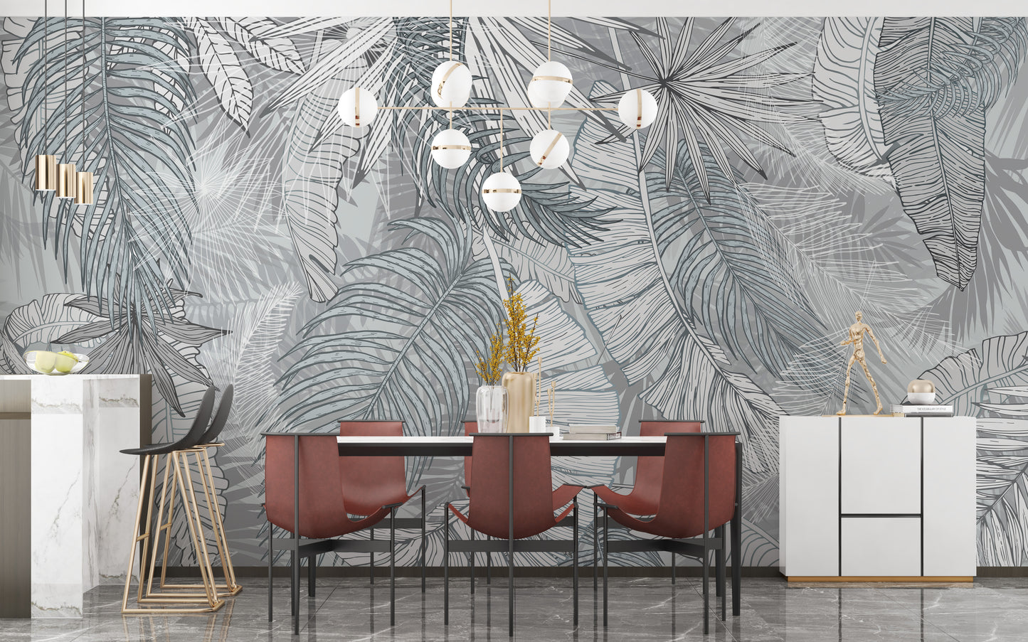 Grey & White Charcoal Leafy Illustrated Wallpaper Murals