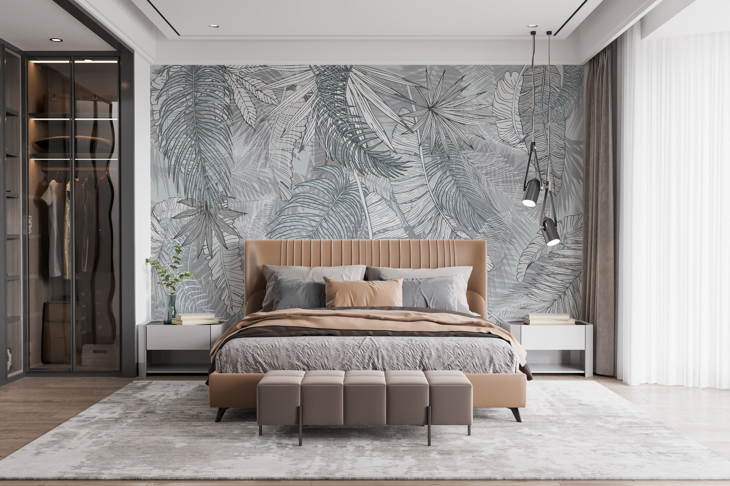 Minimalist leafy mural in grey and white tones
