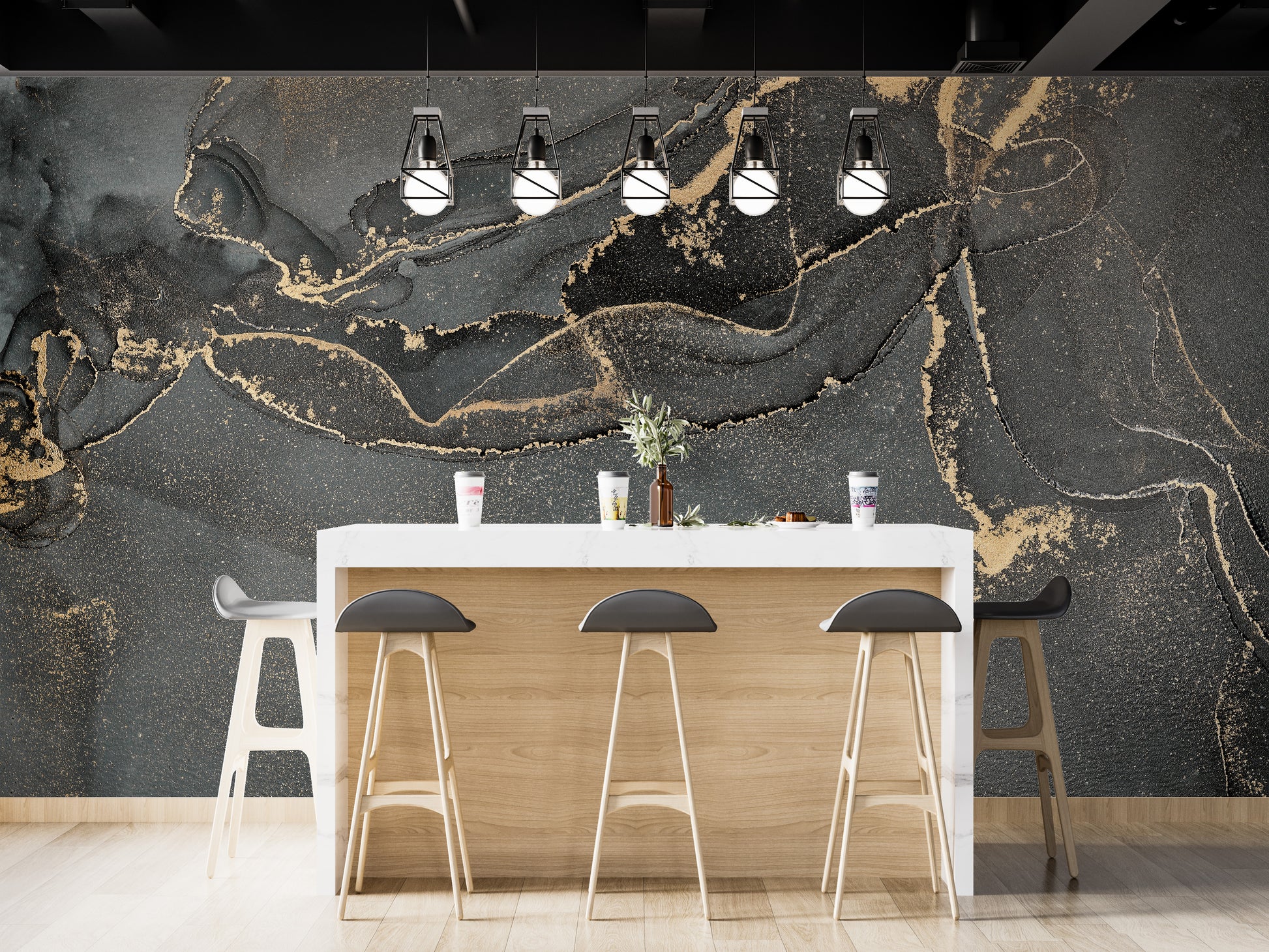 Flowing dark grey alcohol ink wallpaper for modern spaces.
