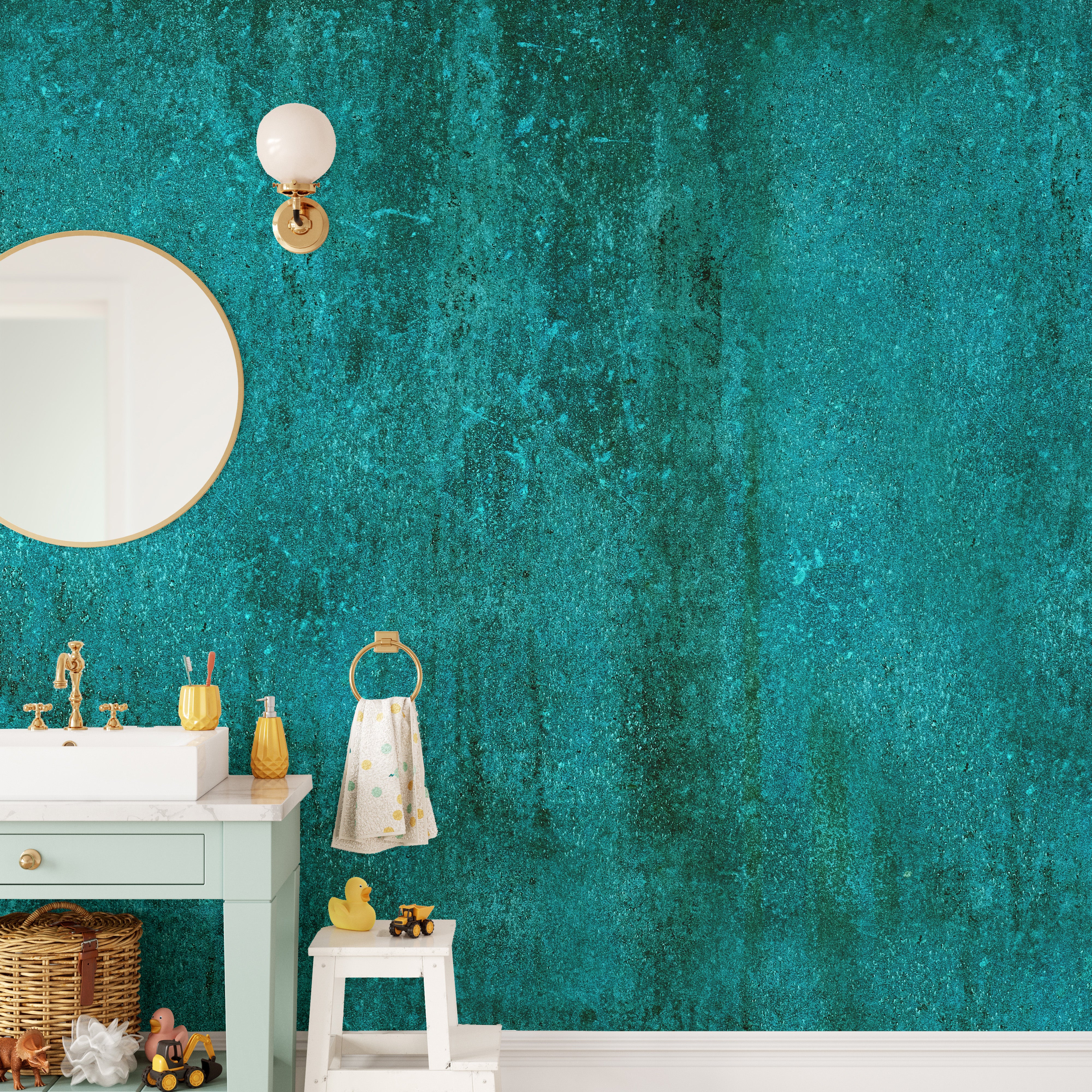 Textured concrete mural in turquoise tones
