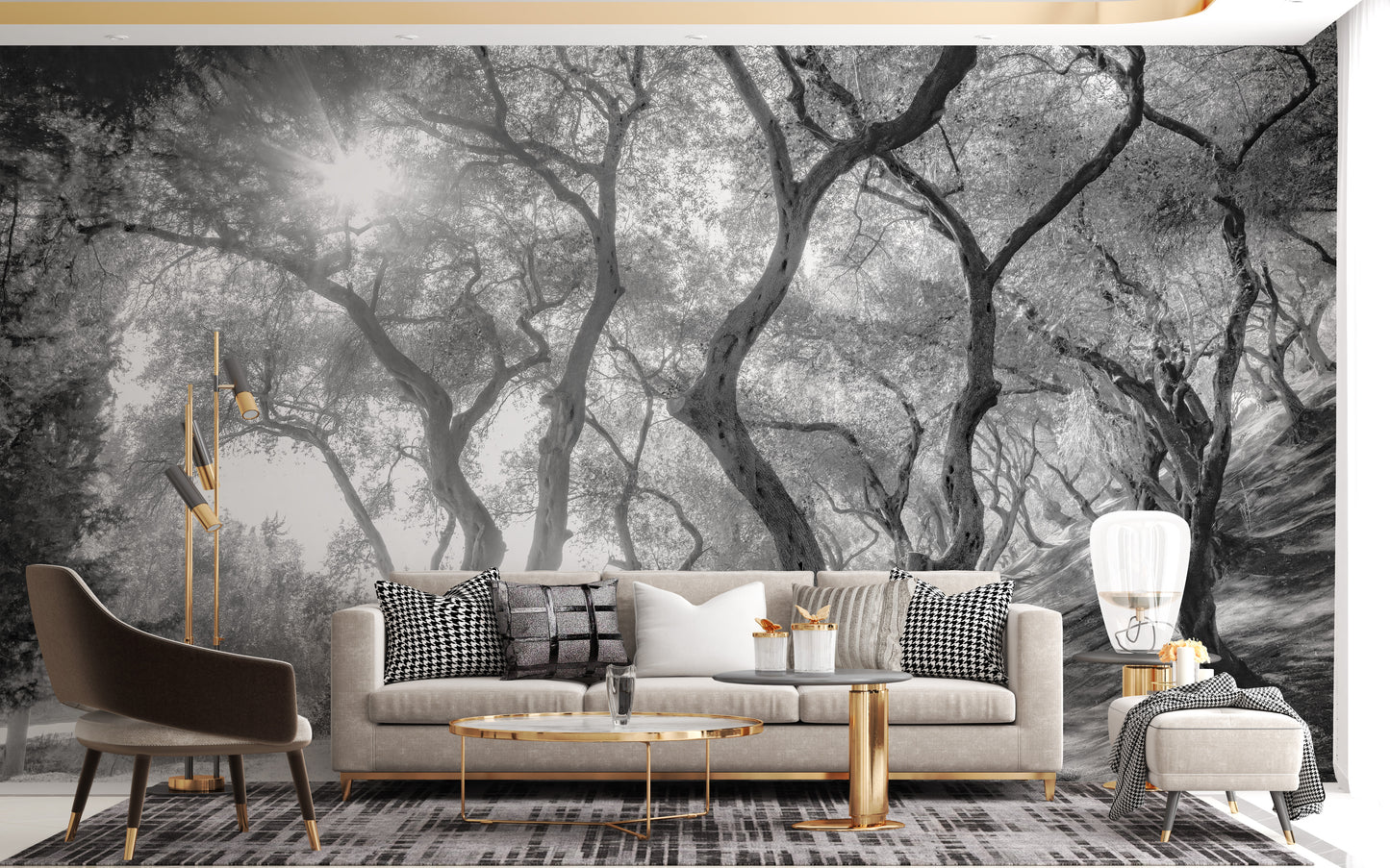 Sophisticated olive forest wall art in grayscale
