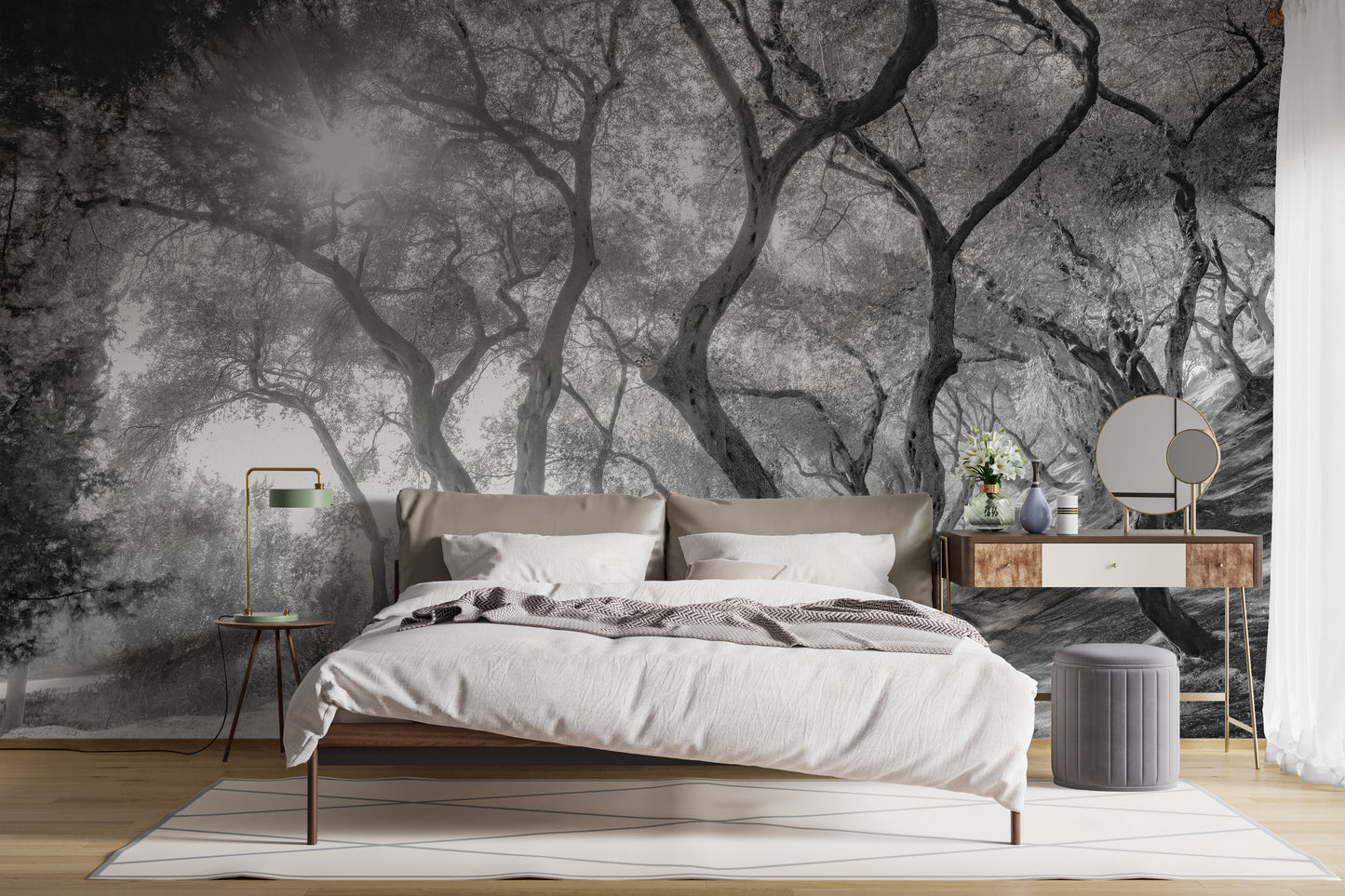 Natural olive grove wallpaper in monochrome tones