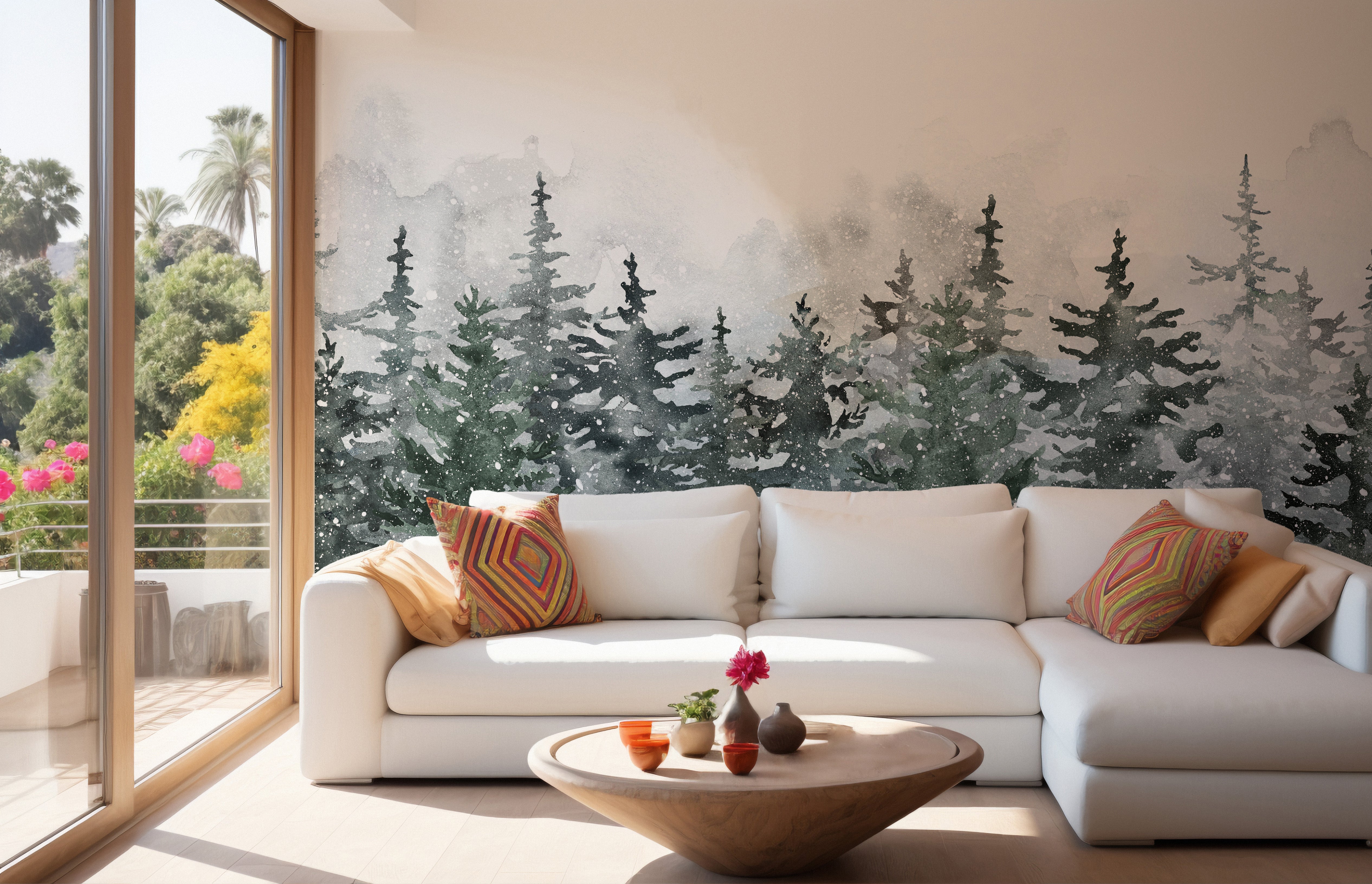 Misty pine forest mural for tranquil spaces
