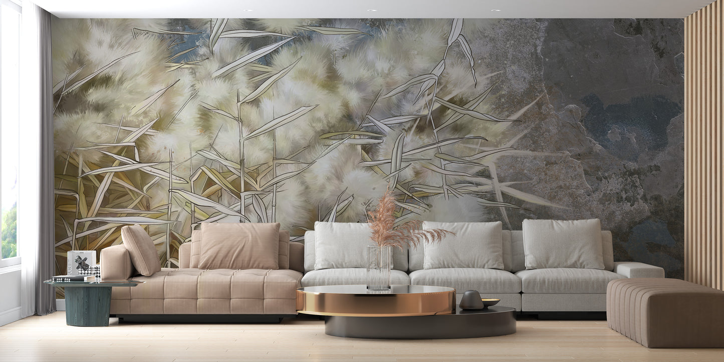 Facinating White Reed Artistic Wallpaper Mural