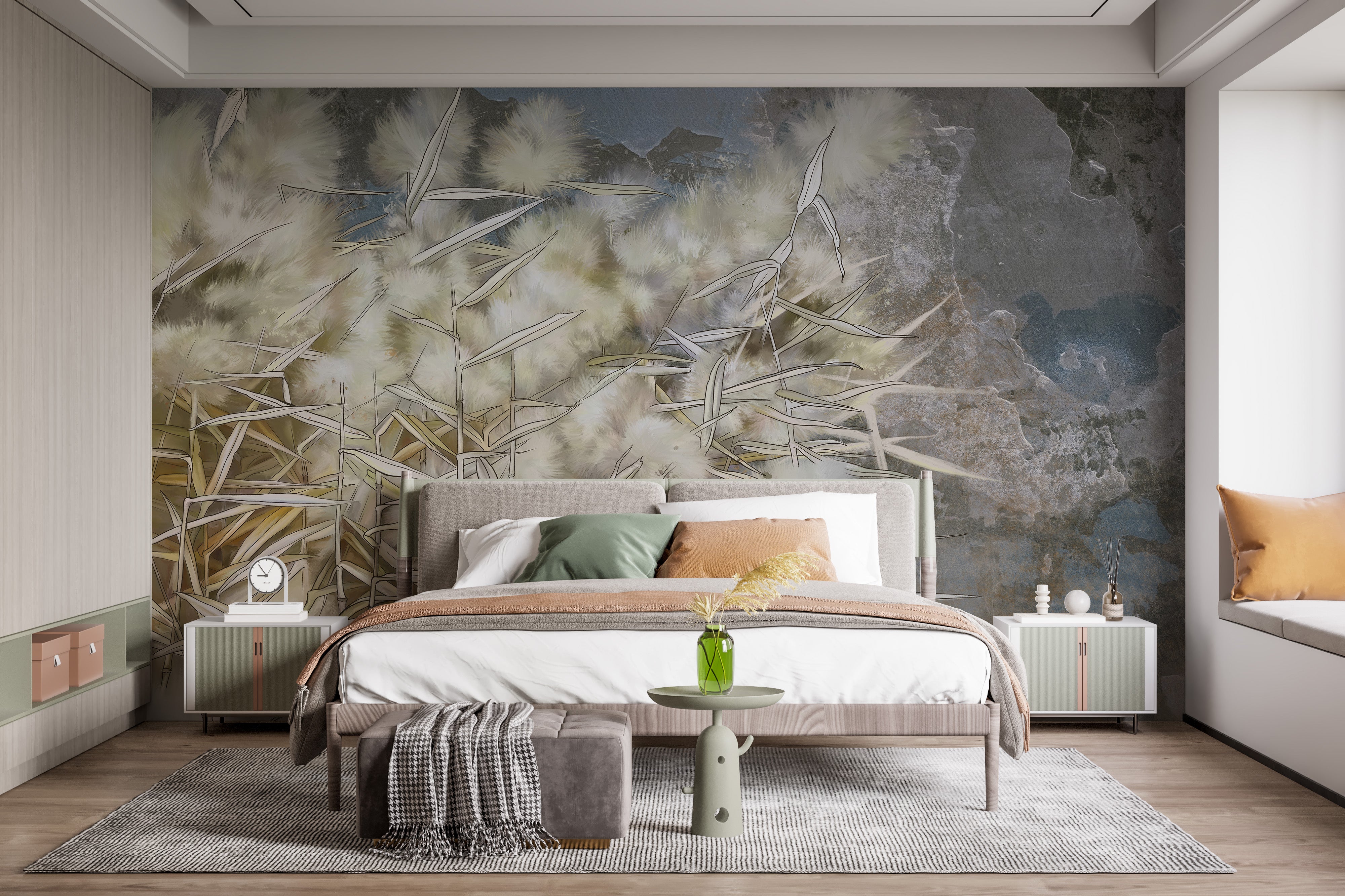 Artistic white reed mural for serene decor
