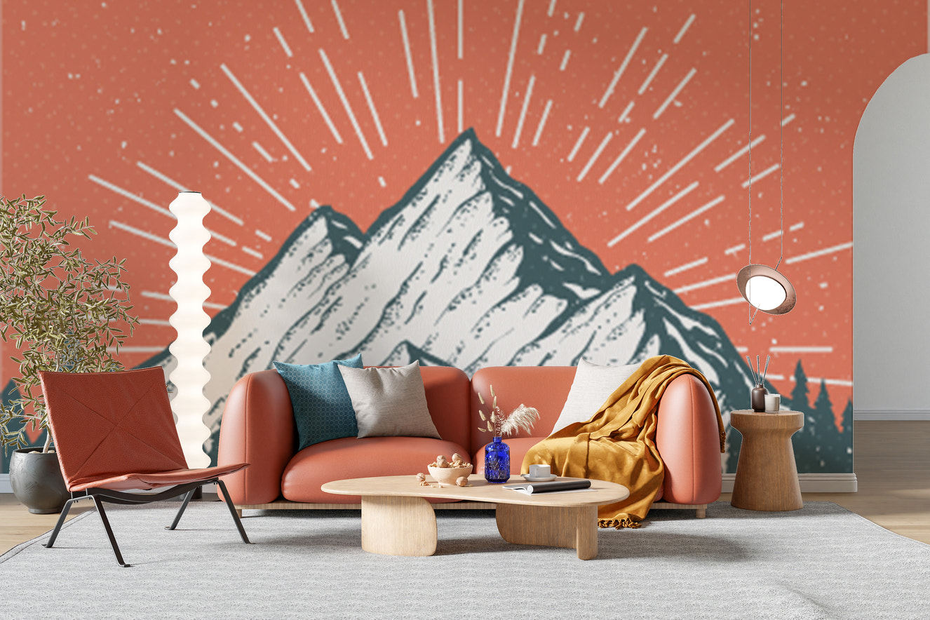 Whimsical snow peak mountain mural for kids
