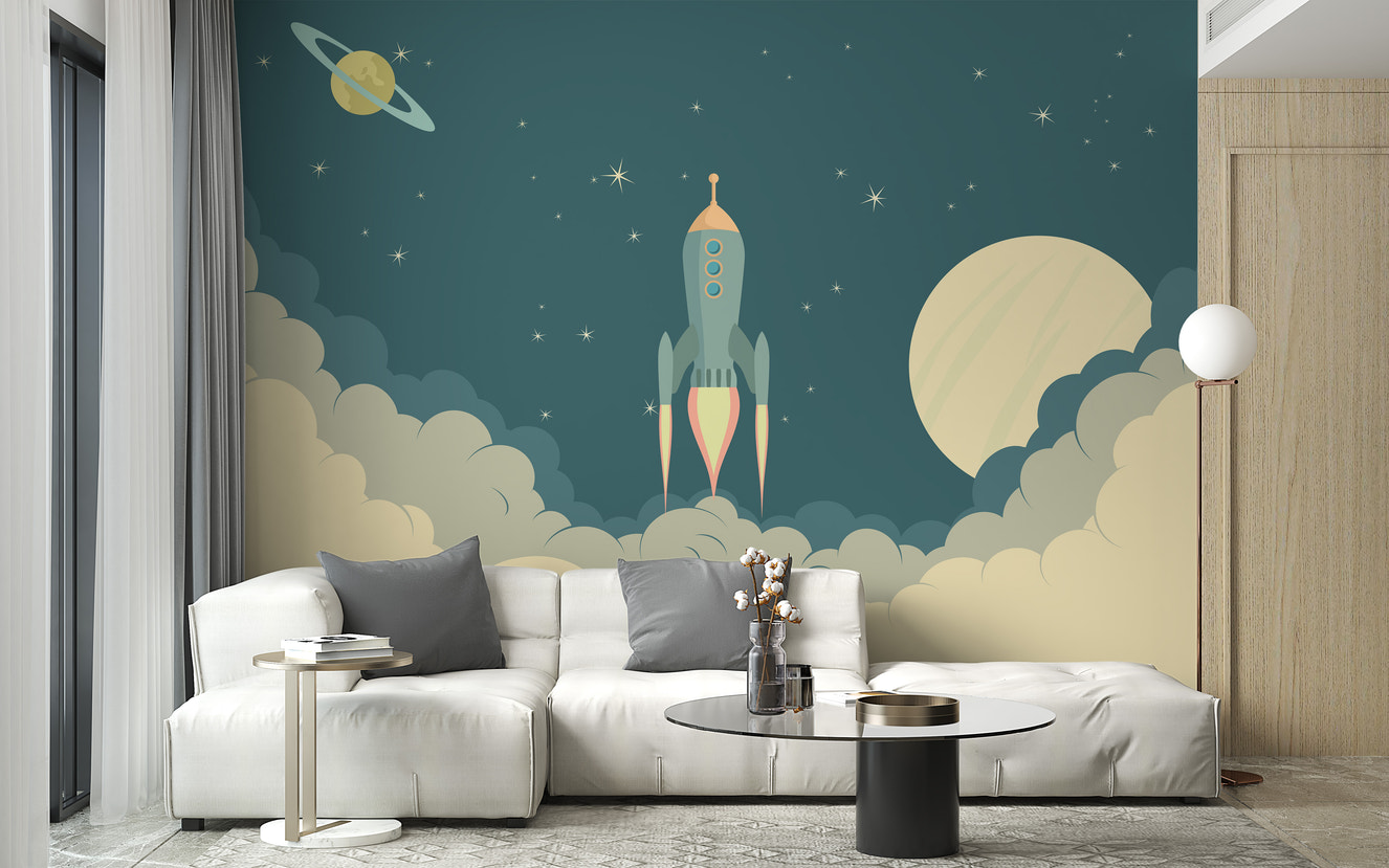 Fun rocket launch wallpaper for kids' rooms
