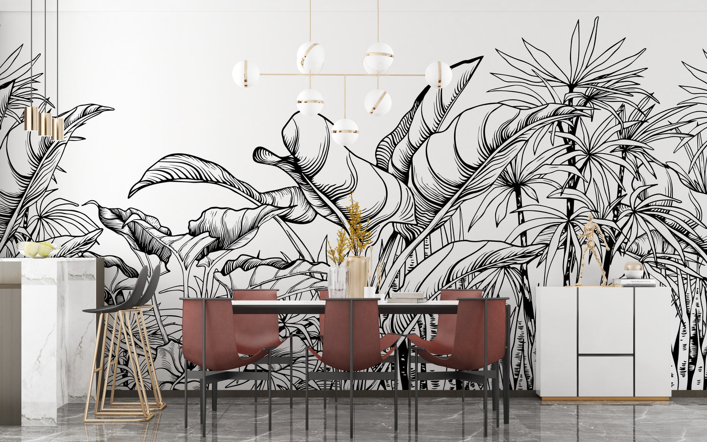 Black & White Big Tropical Leaves Wallpaper Mural - Giffywalls