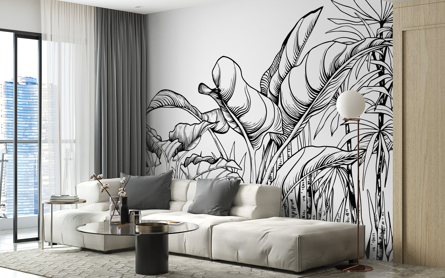 Black & White Big Tropical Leaves Wallpaper Mural - Giffywalls