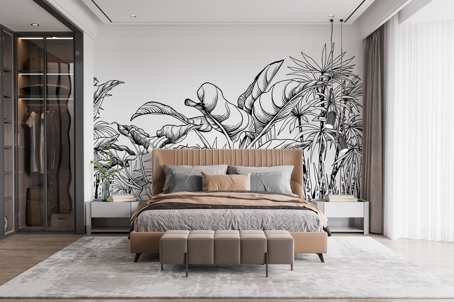 Big tropical leaf wallpaper with monochrome tones
