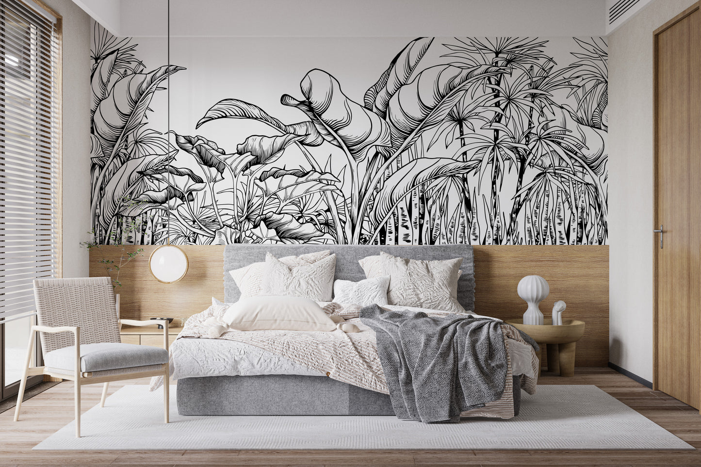 Stylish black-and-white tropical leaves mural
