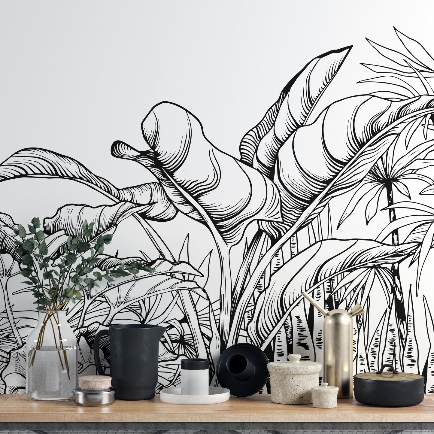 Black & White Big Tropical Leaves Wallpaper Mural - Giffywalls