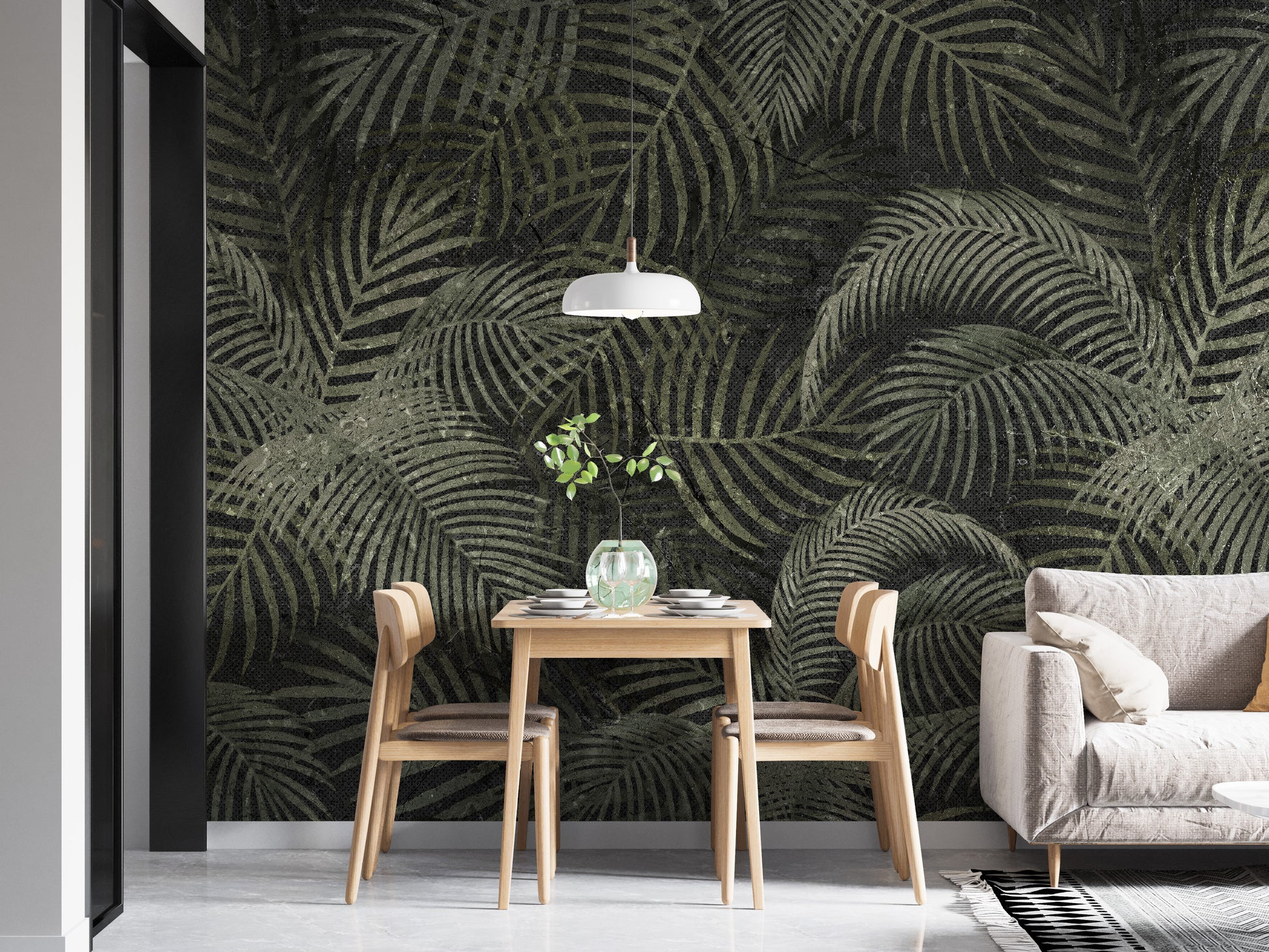 Rustic tropical palms wallpaper mural with vibrant greens