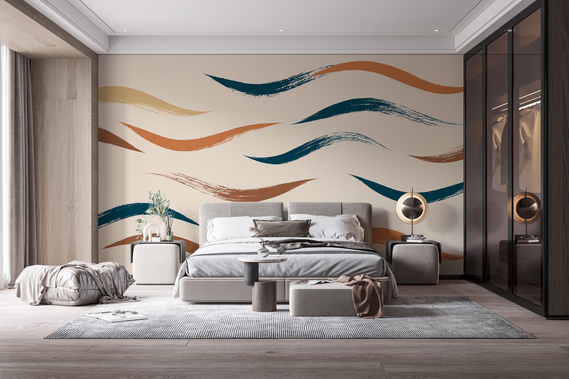 Sophisticated beige wallpaper mural with wavy design