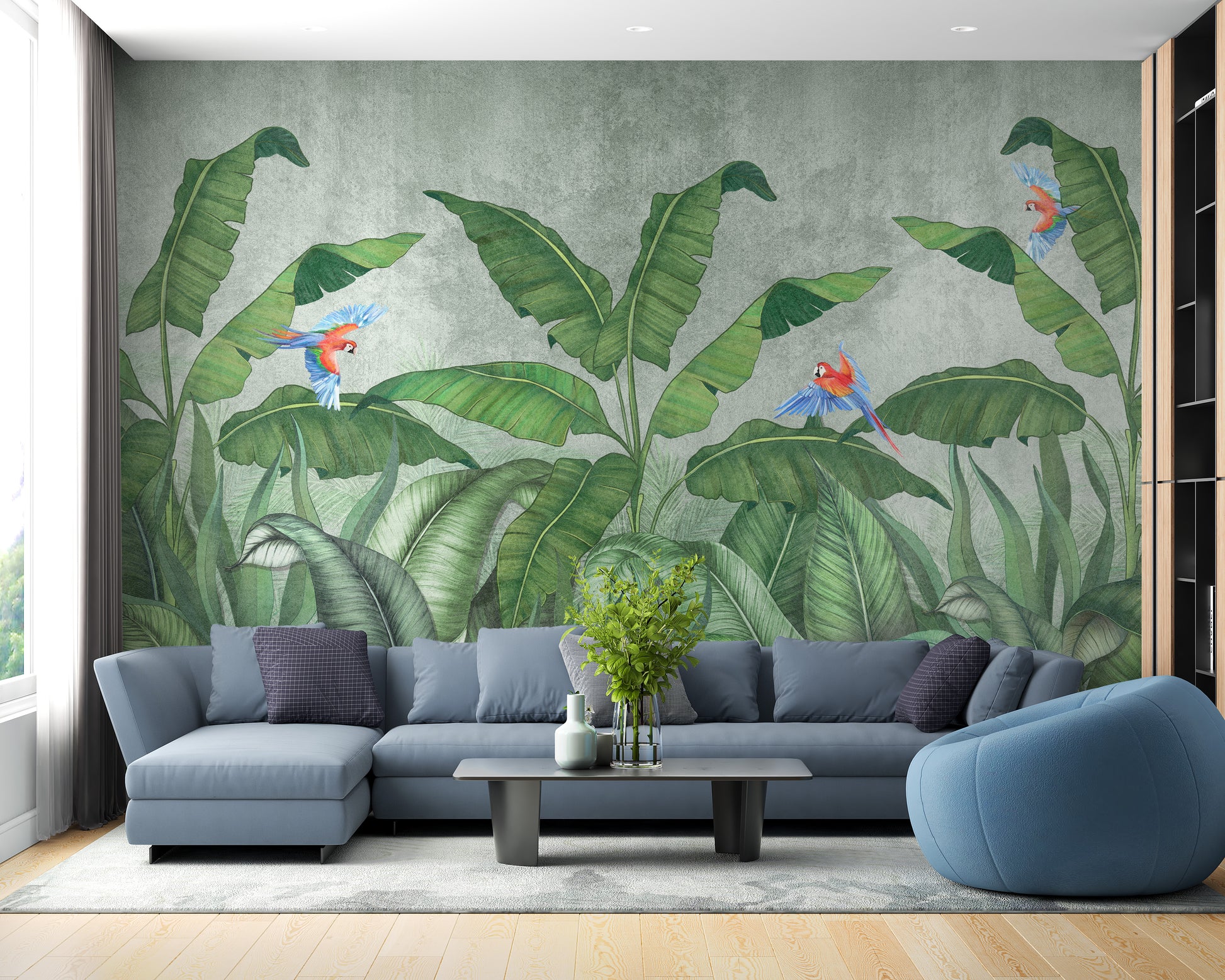 Vibrant green plantains and parrots wallpaper mural