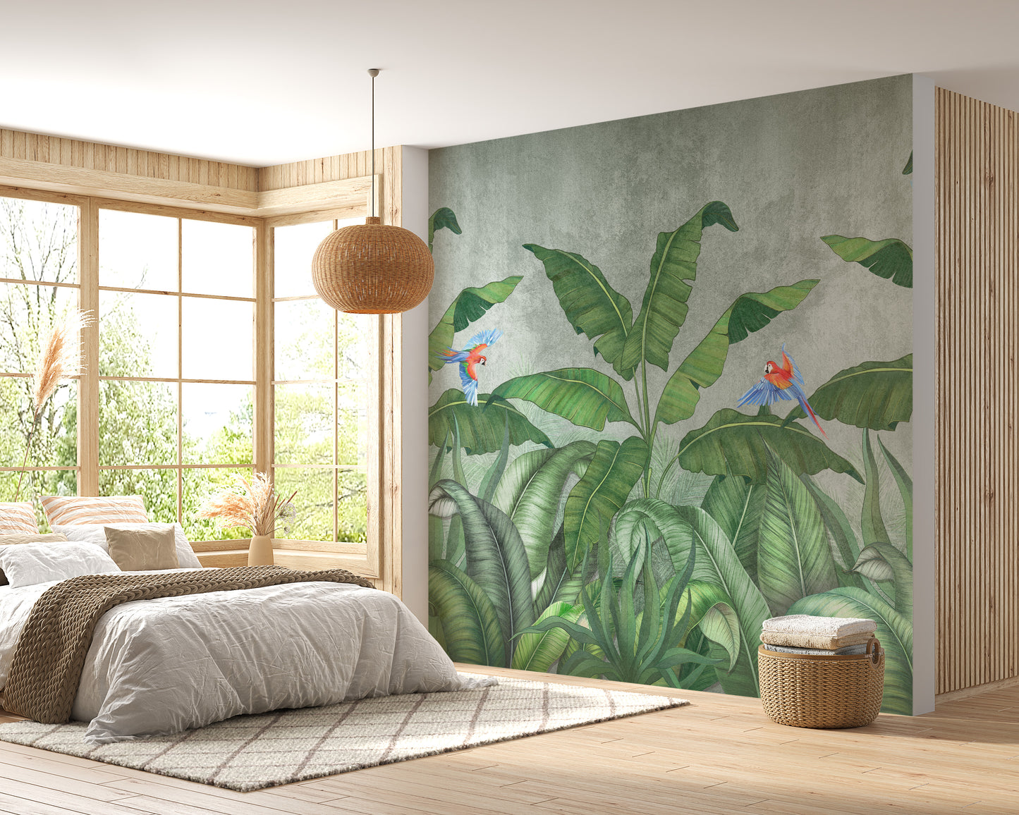 Green Plantains & Parrots Wallpaper Mural