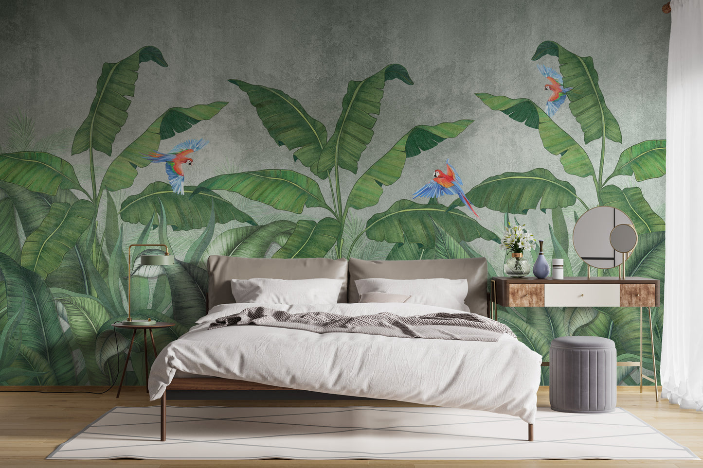 Green Plantains & Parrots Wallpaper Mural