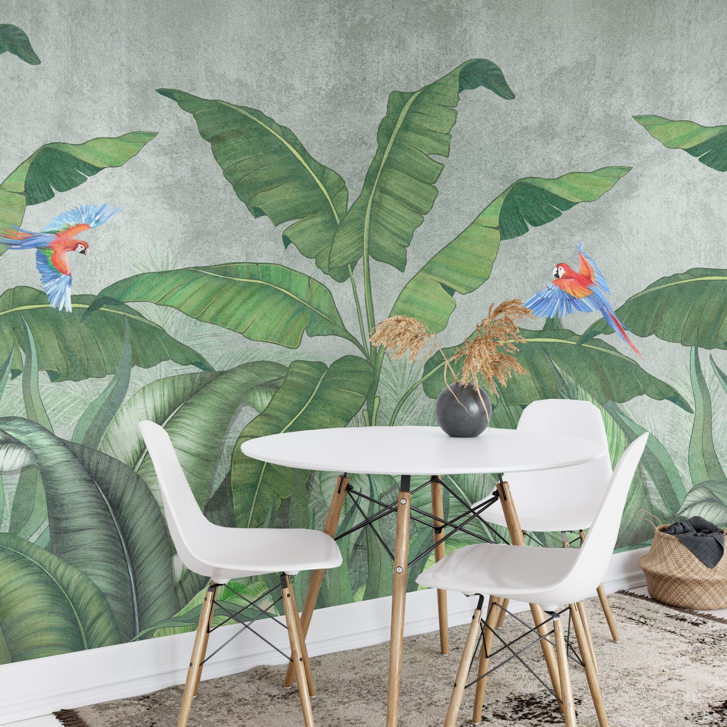 Green Plantains & Parrots Wallpaper Mural