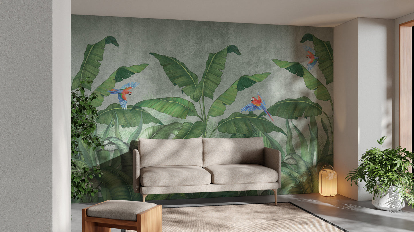 Green Plantains & Parrots Wallpaper Mural