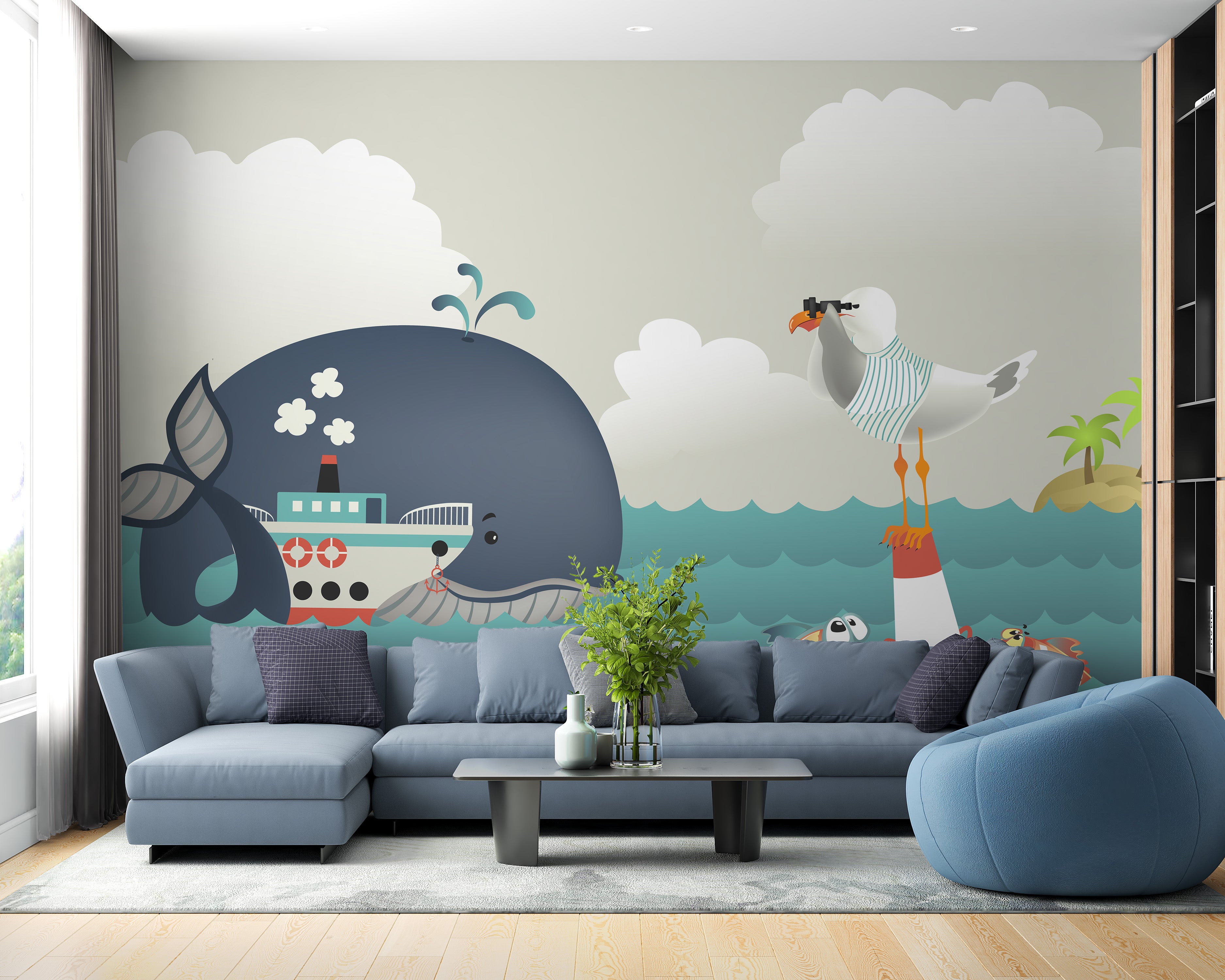 Whale and steamer kids wallpaper mural