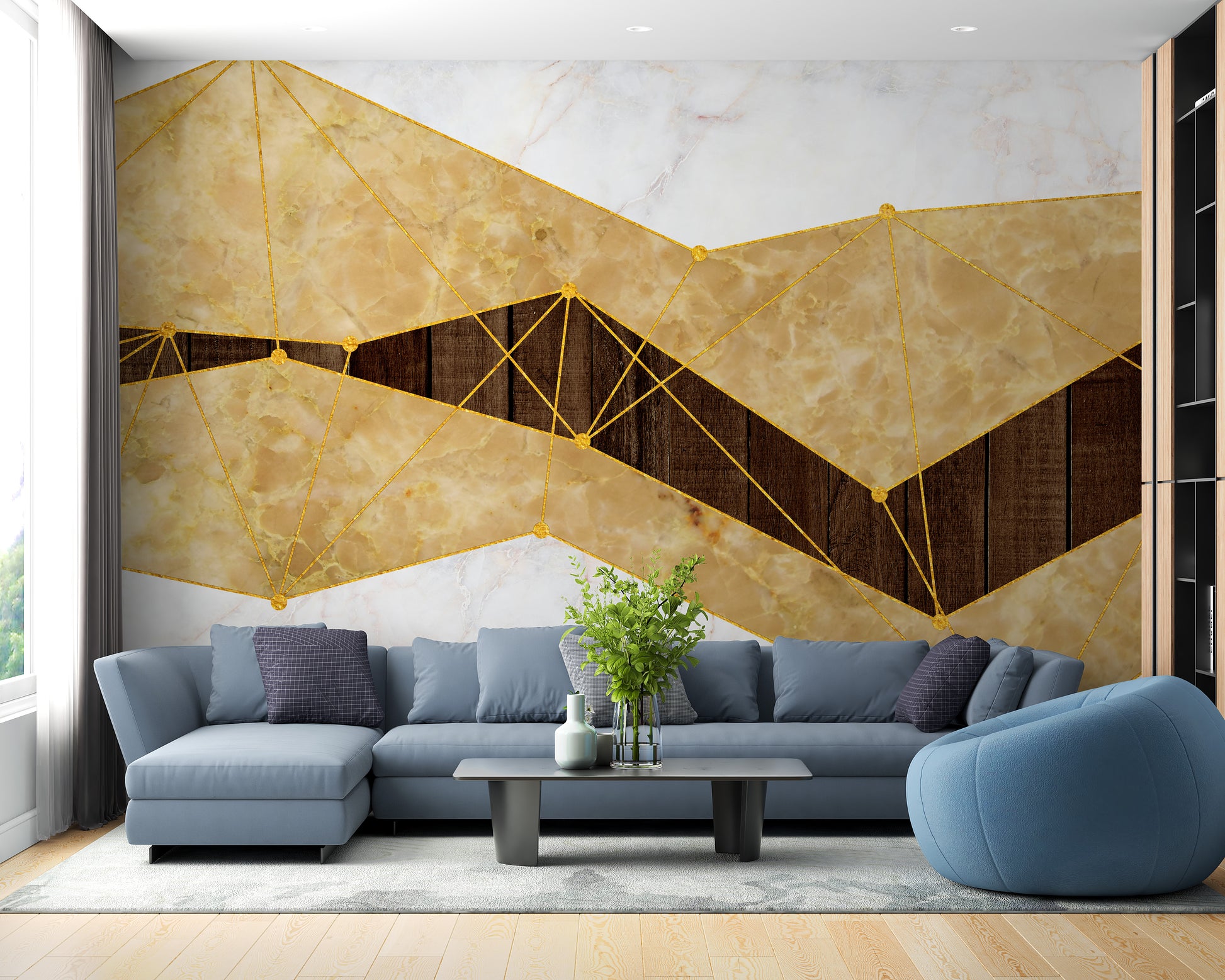 Gold marble and wood wallpaper mural for interiors