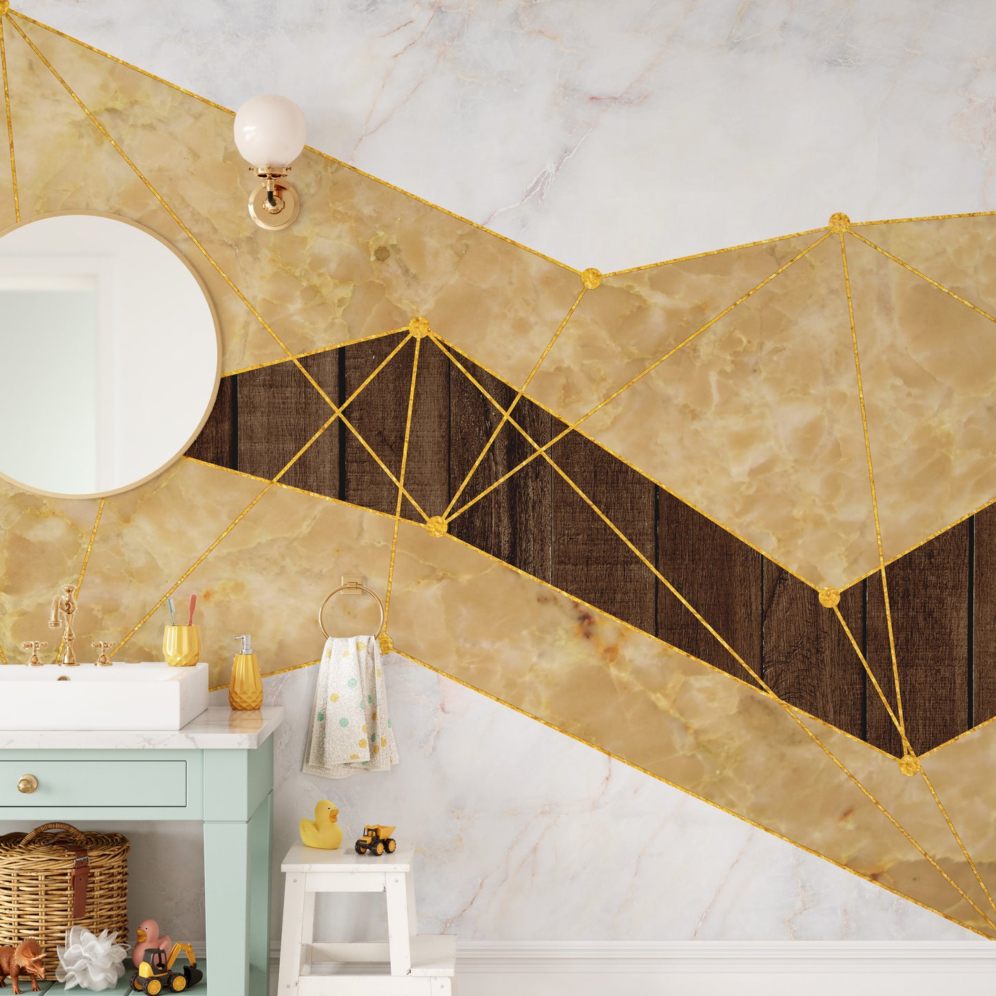 Gold marble and wood mural for contemporary spaces