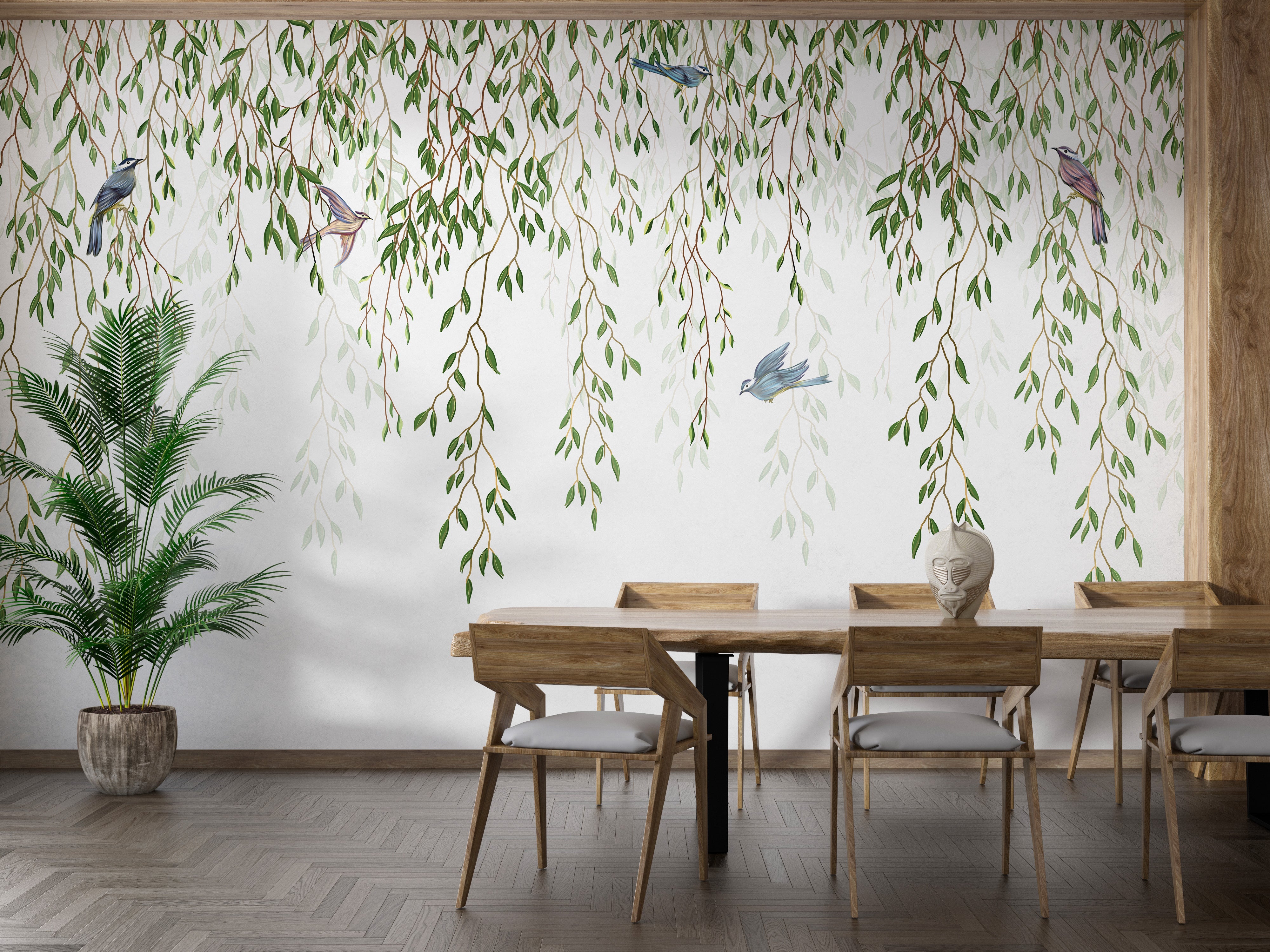 Graceful willow branches and birds wallpaper for spaces