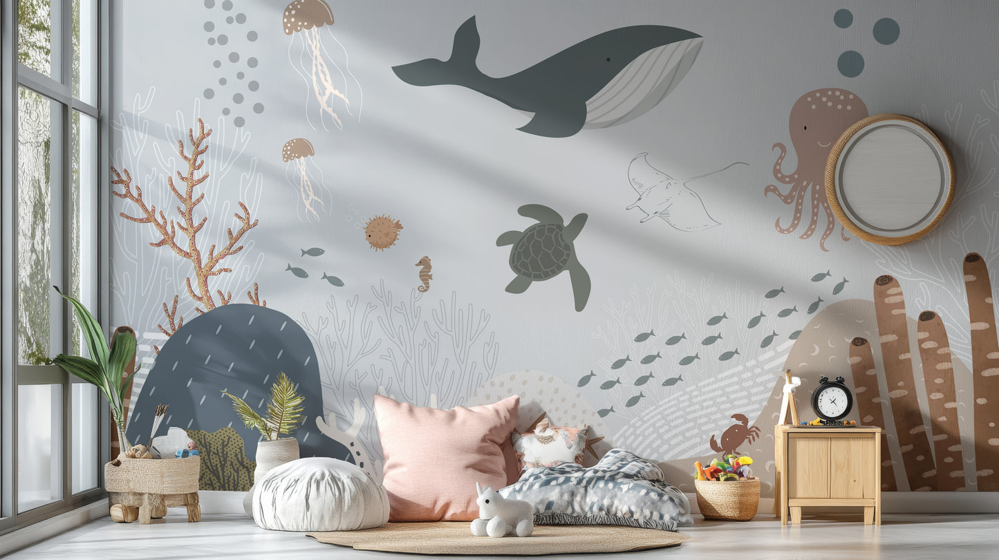 Oceanic whale art mural for serene wall decor.
