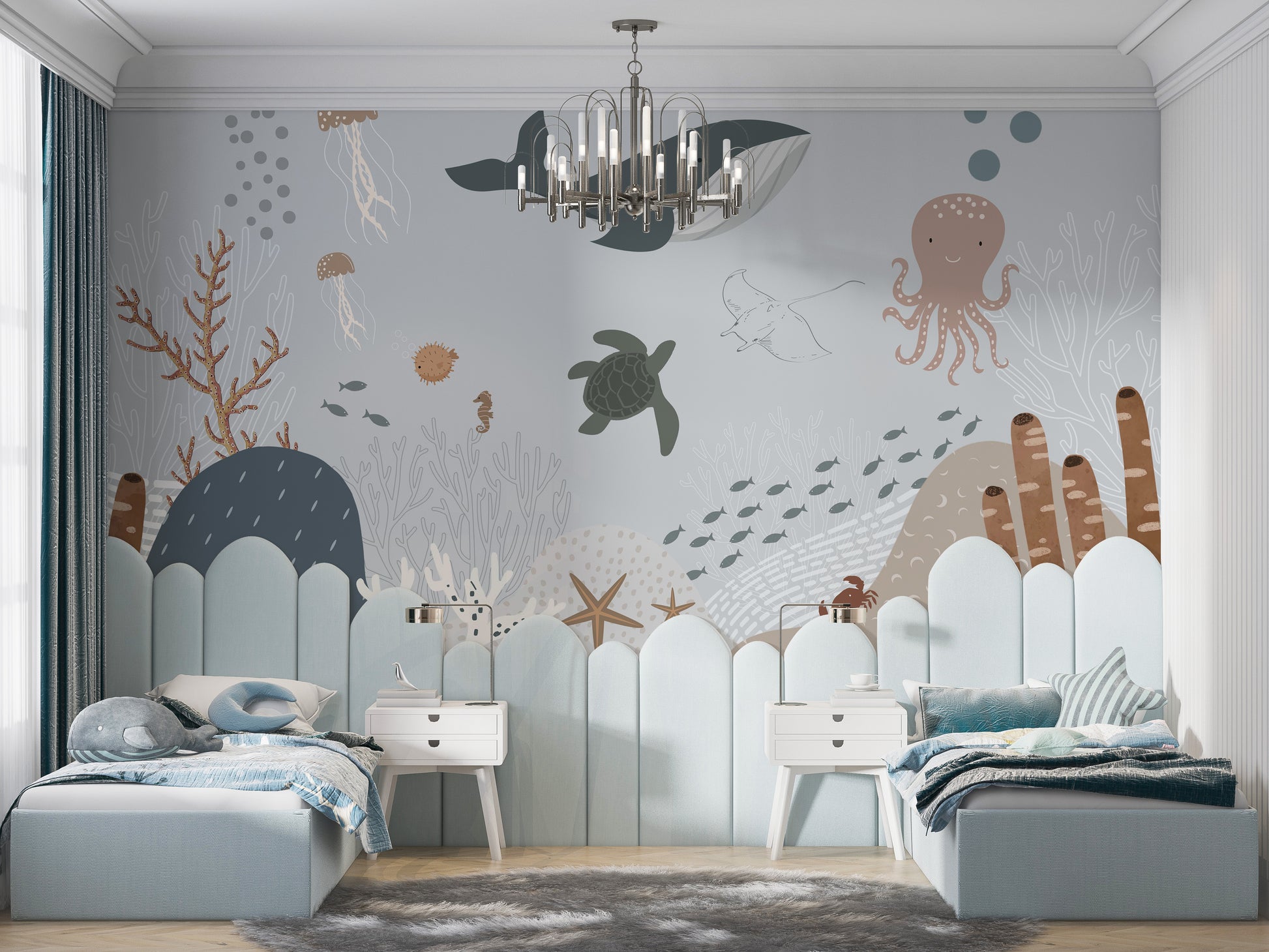 Night sky and whale silhouette wall mural.




