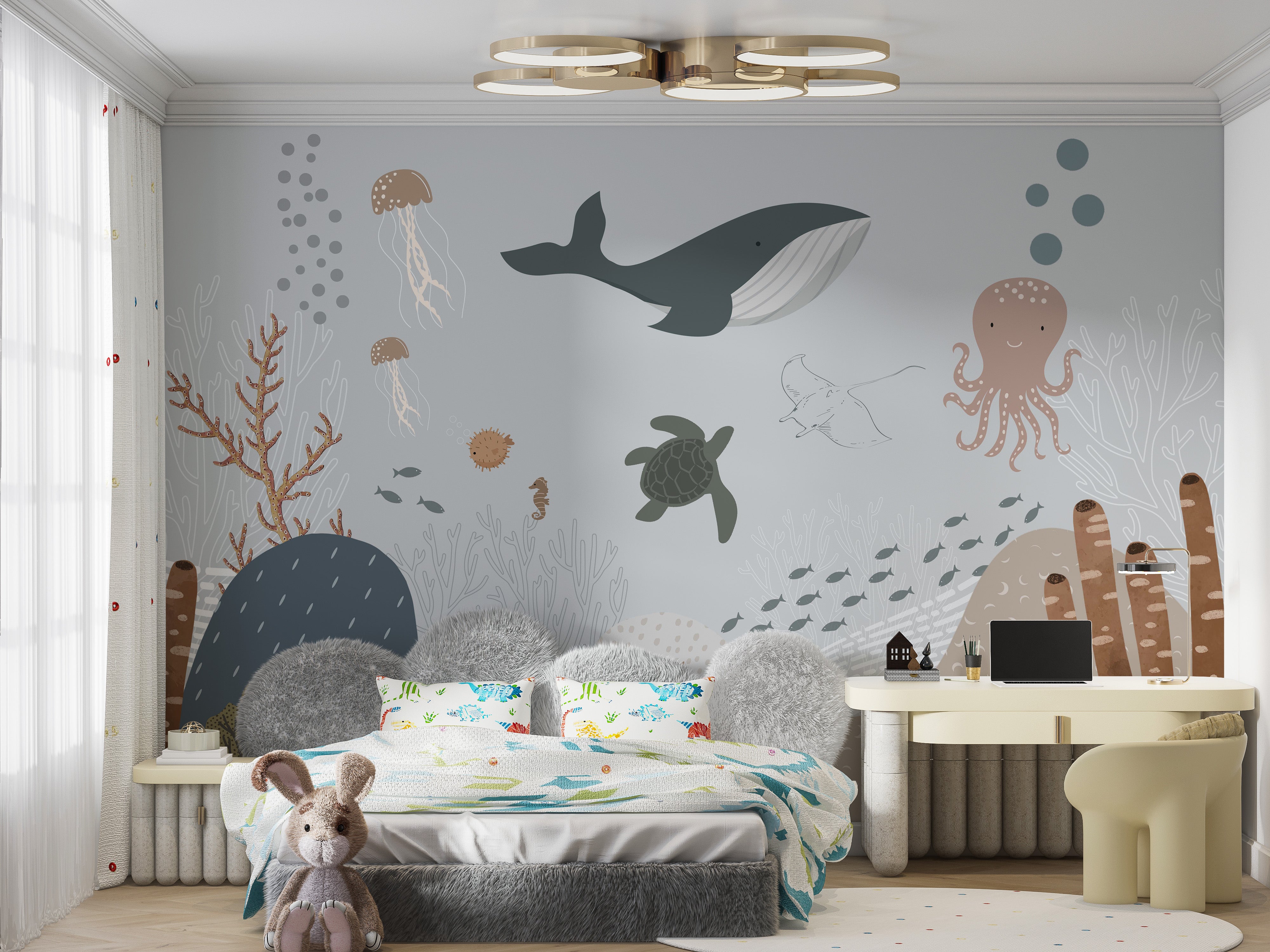 Playful whales and fish in watercolor wall art.
