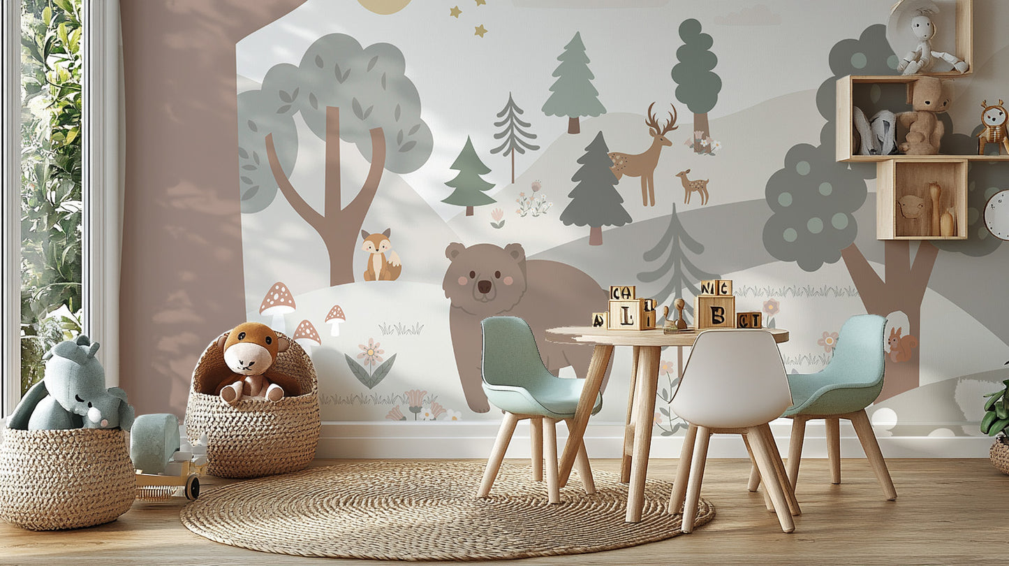 Cute animals in a snowy forest kids' wallpaper.
