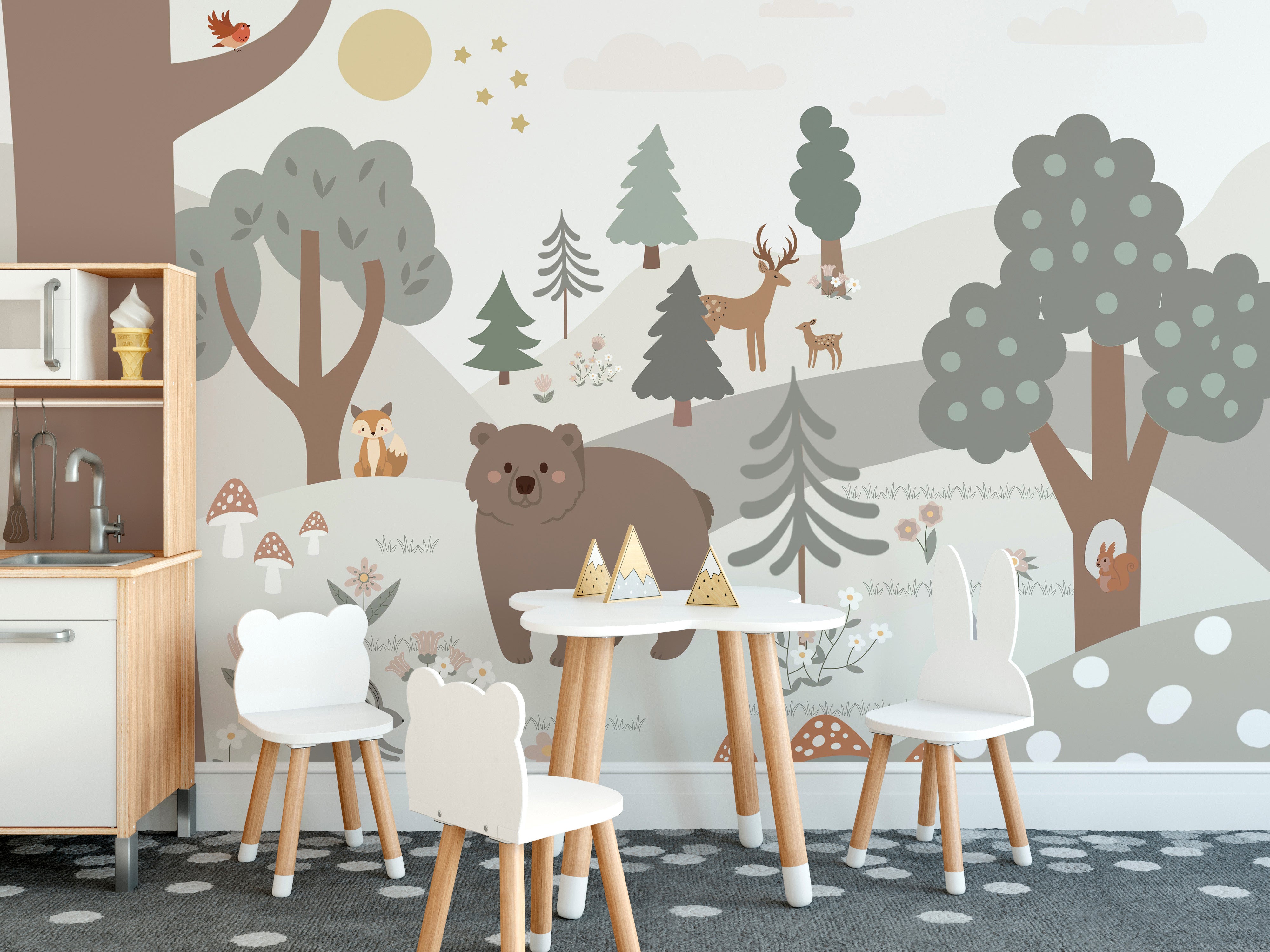 Soft pastel snow forest wallpaper for nurseries.
