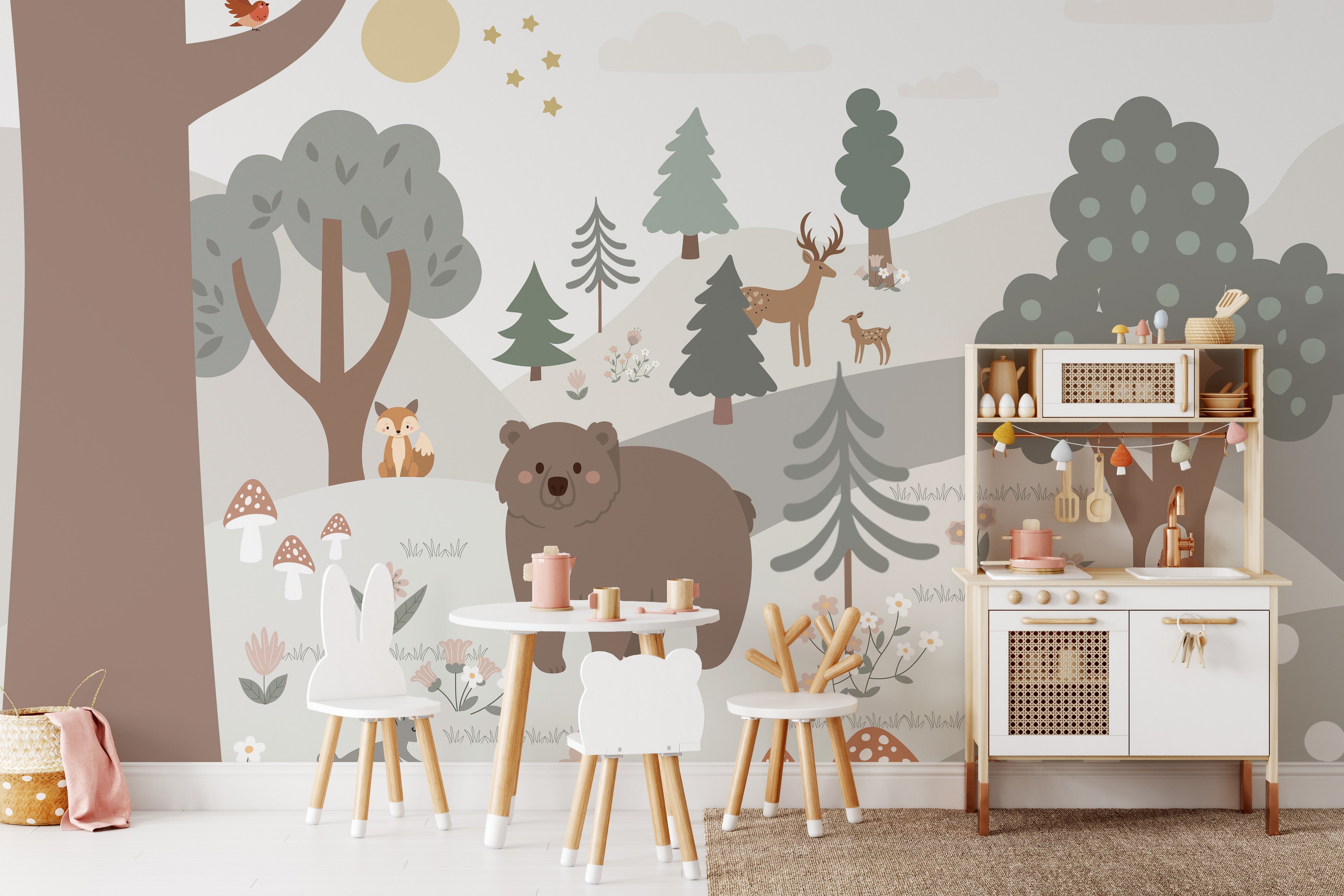 Playful snow forest scene for kids' wall decor.
