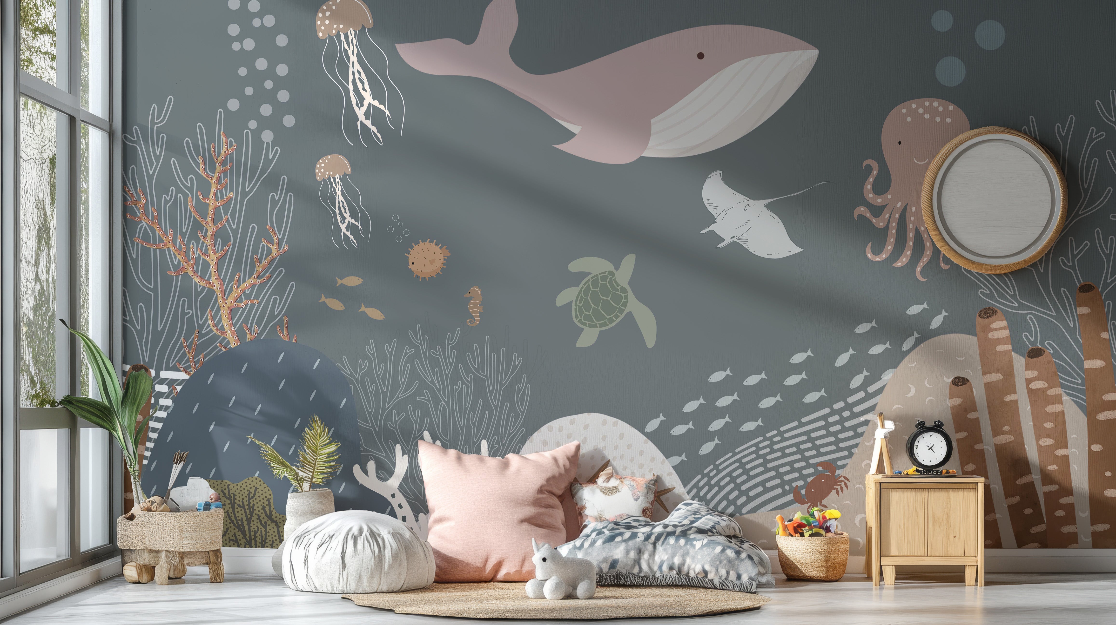 Playful dolphins and coral reef wallpaper design.
