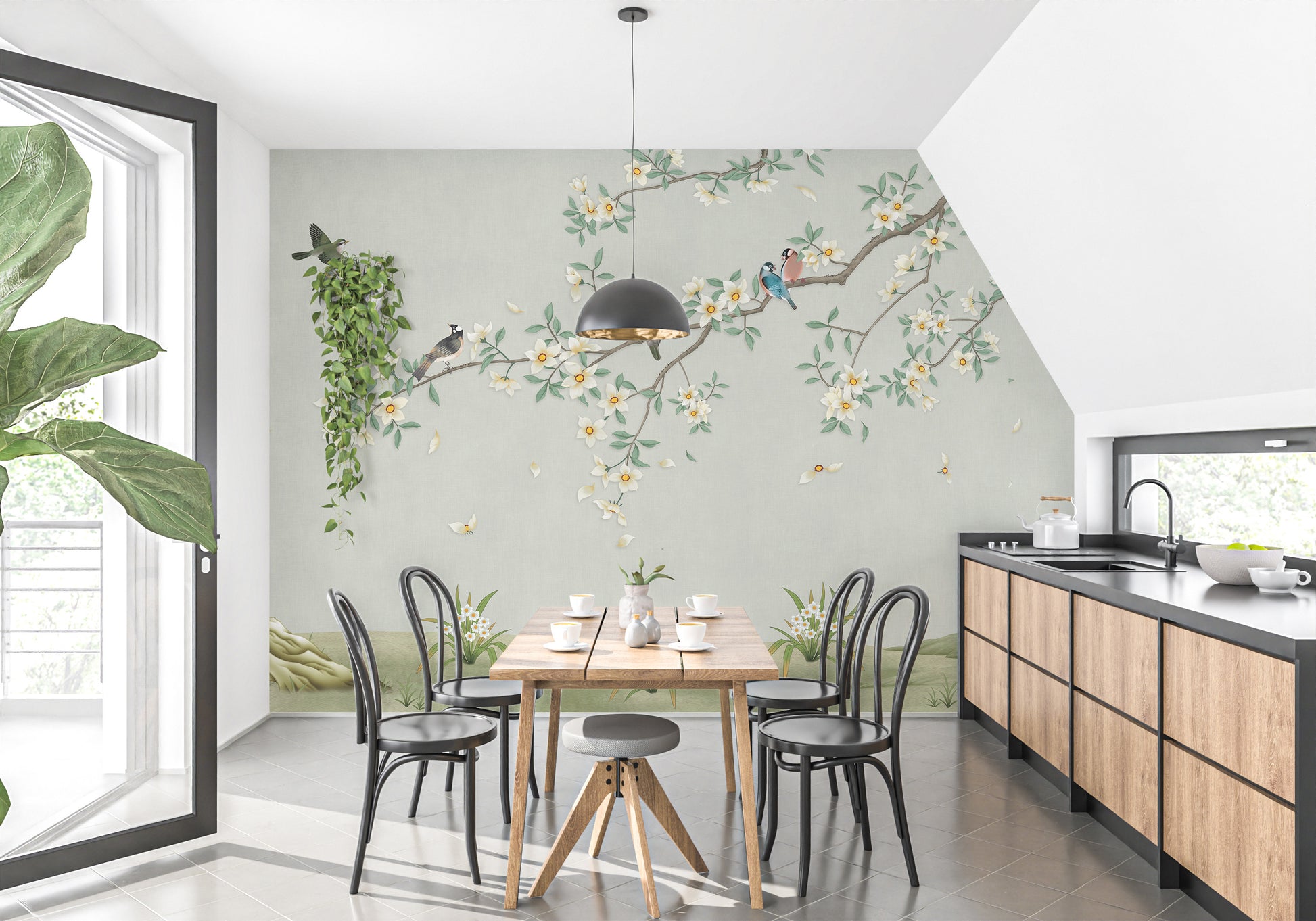 Birds on Branch Green Color Wallpaper for kitchens