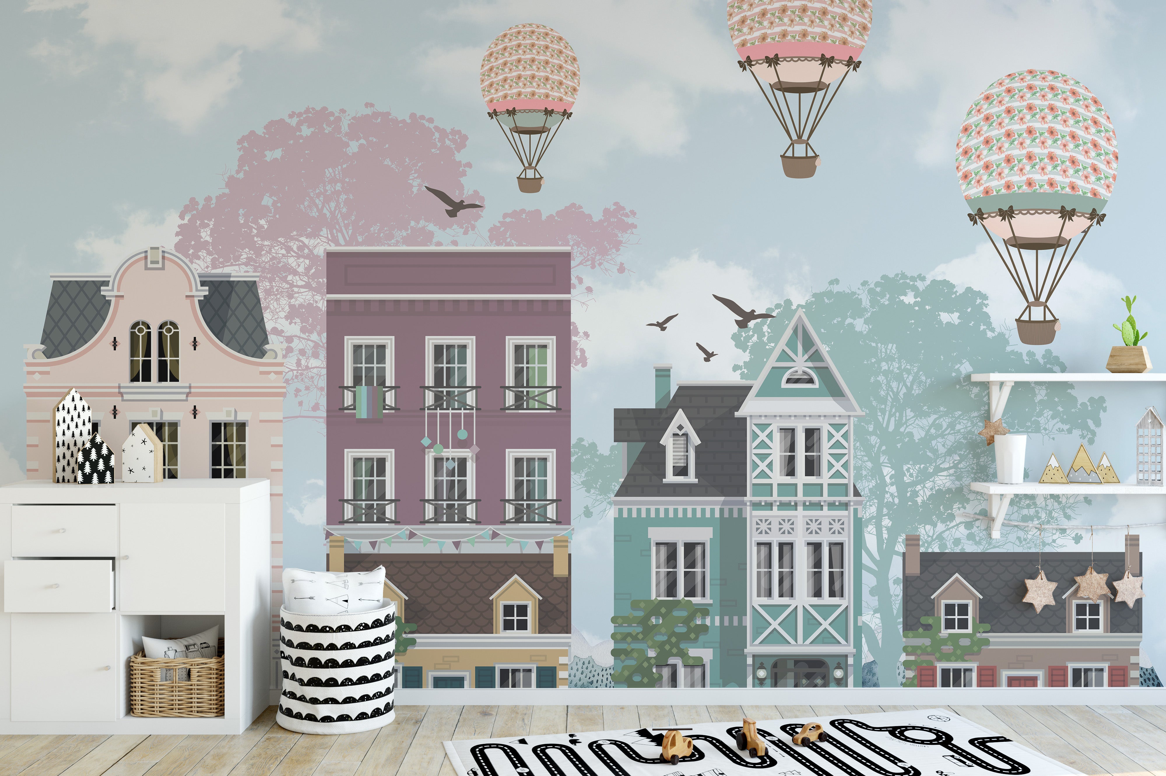 Funky City View wallpaper transforms nursery decor