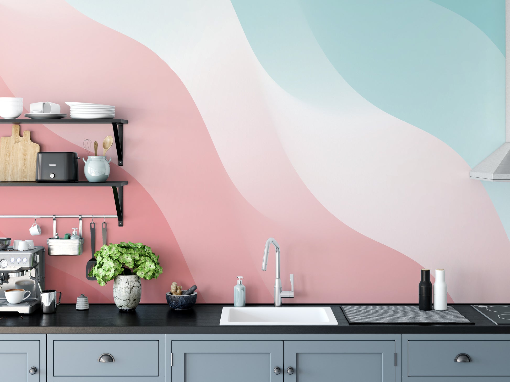 Kitchen elegance with Pink & Blue Wavy Shades Wallpaper
