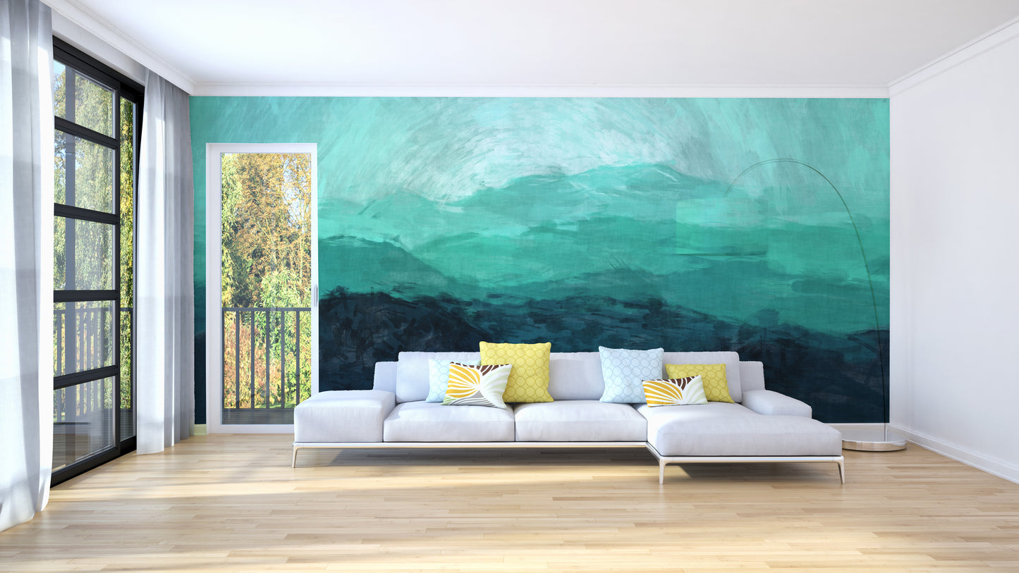 Sea Green Watercolor Mountain Ranges Wallpaper Murals